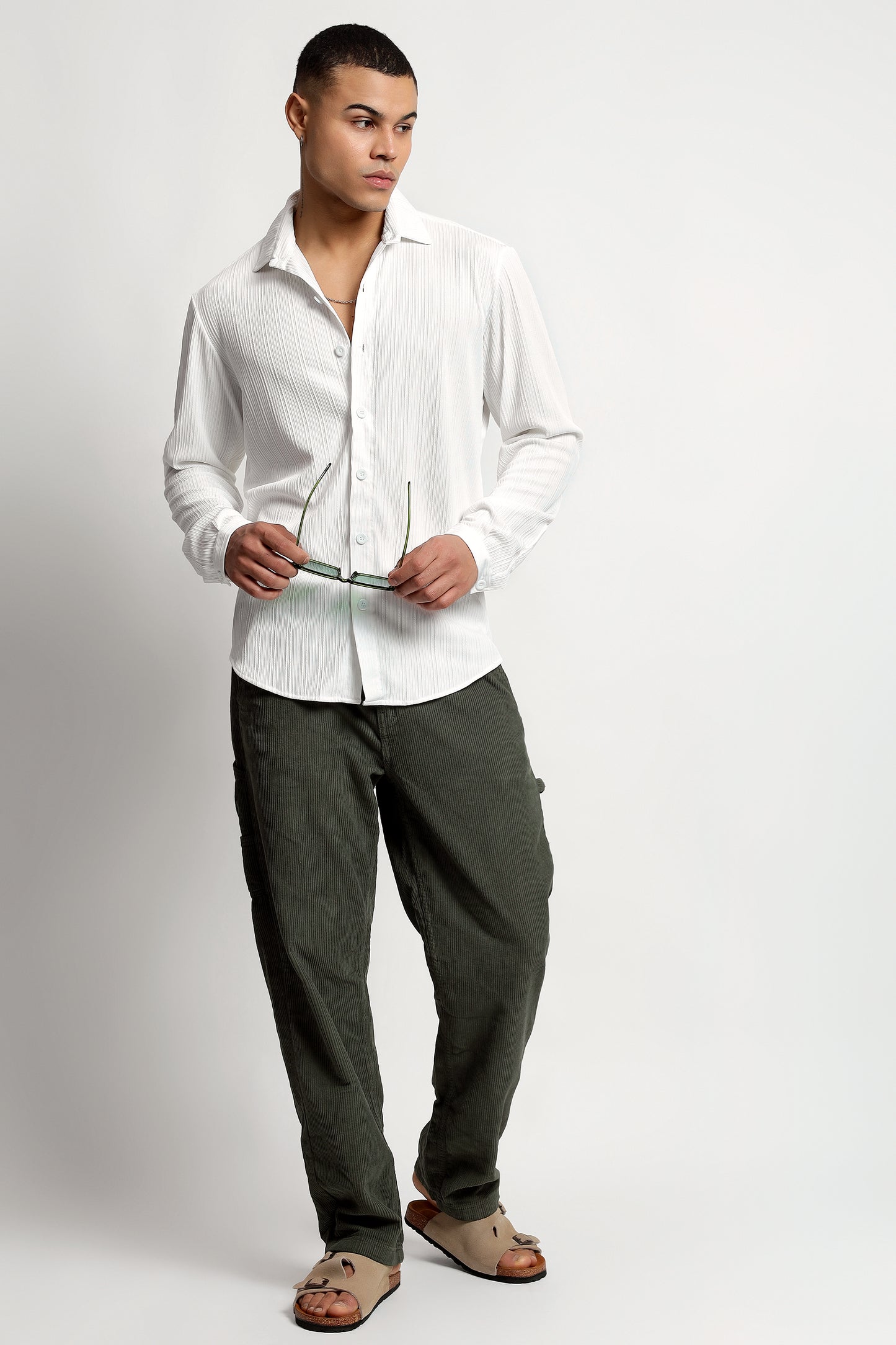 A Textured Vertical Stripes White Shirt