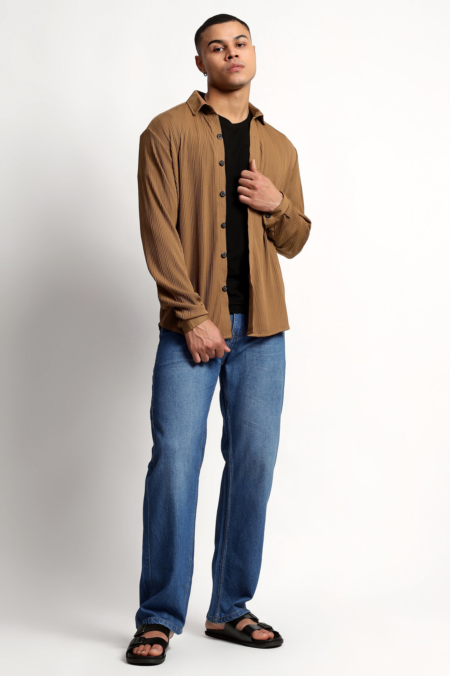 A Textured Vertical Stripes Bronze Shirt