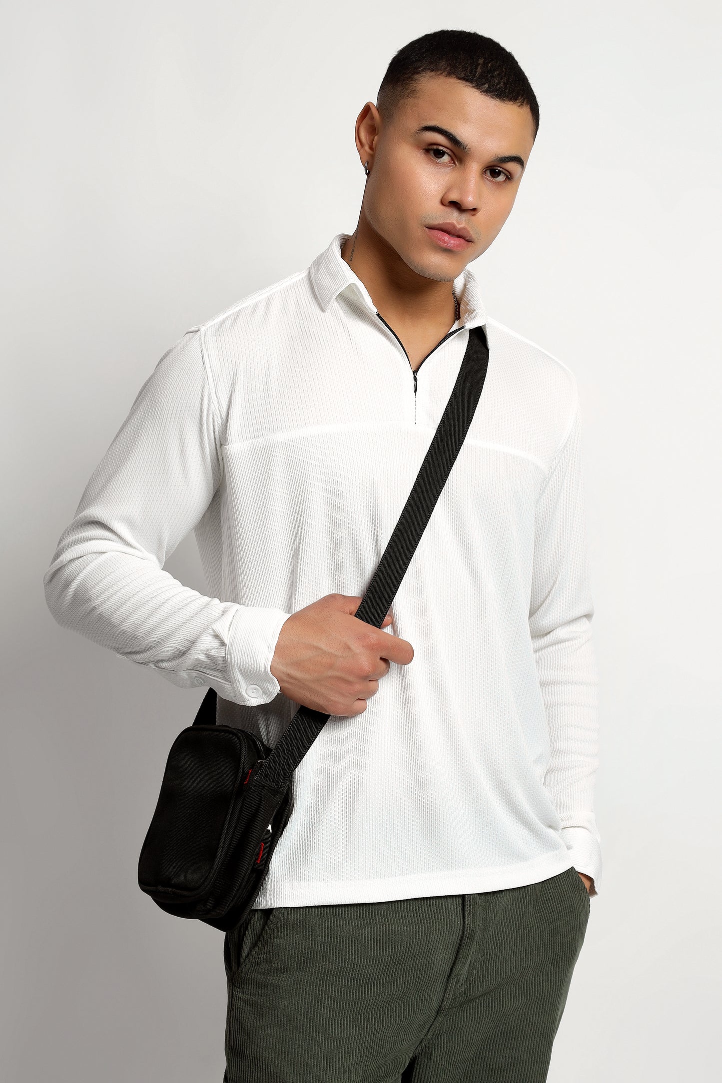 Regular Fit Half Zipper White Shirt