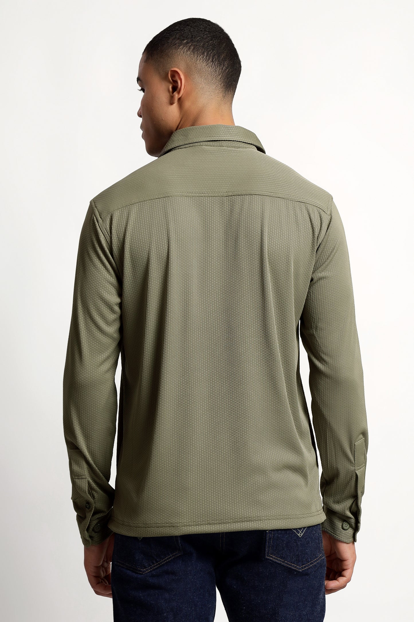 Regular Fit Half Zipper Olive Green Shirt