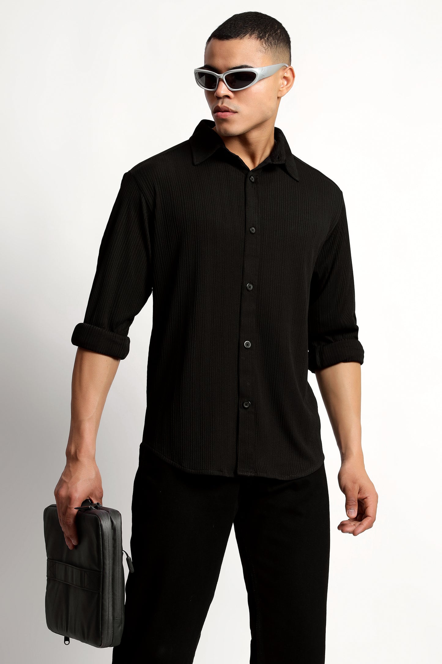 A Textured Vertical Stripes Black Shirt