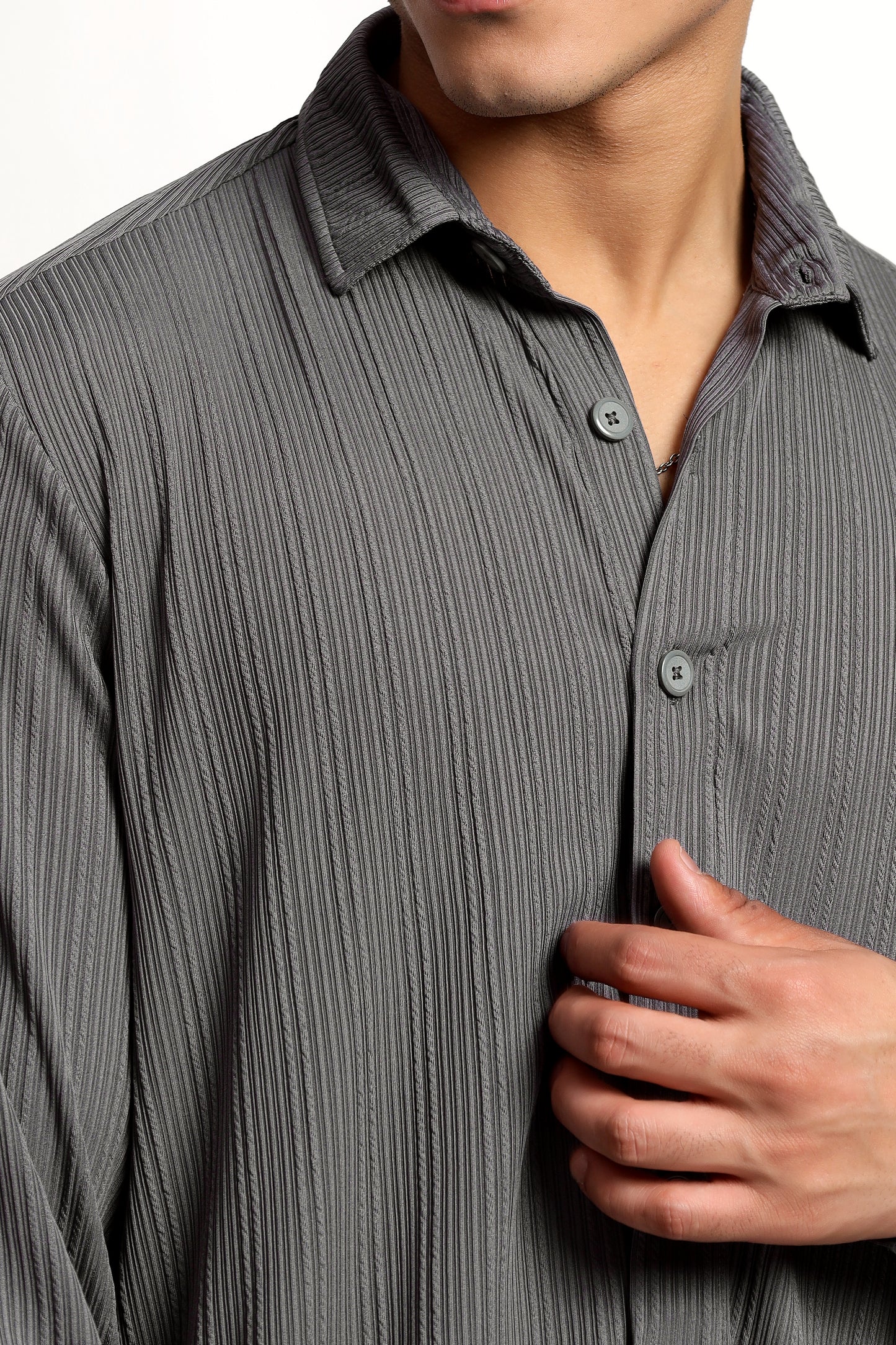 A Textured Vertical Stripes Grey Shirt