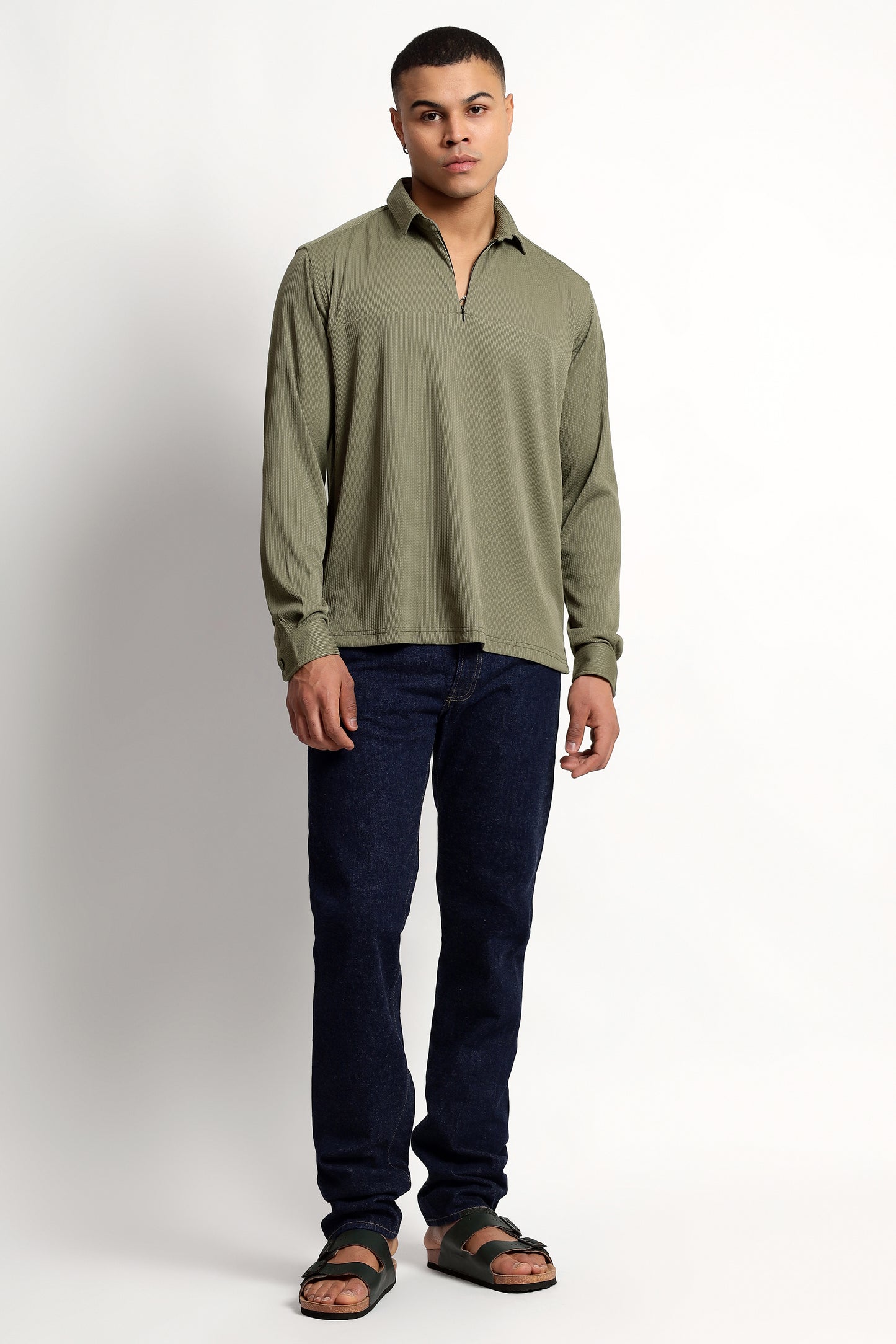 Regular Fit Half Zipper Olive Green Shirt