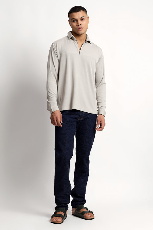Regular Fit Half Zipper Light Grey Shirt