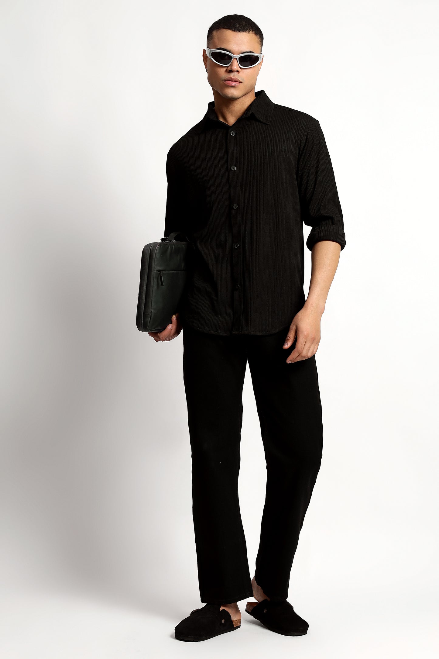 A Textured Vertical Stripes Black Shirt
