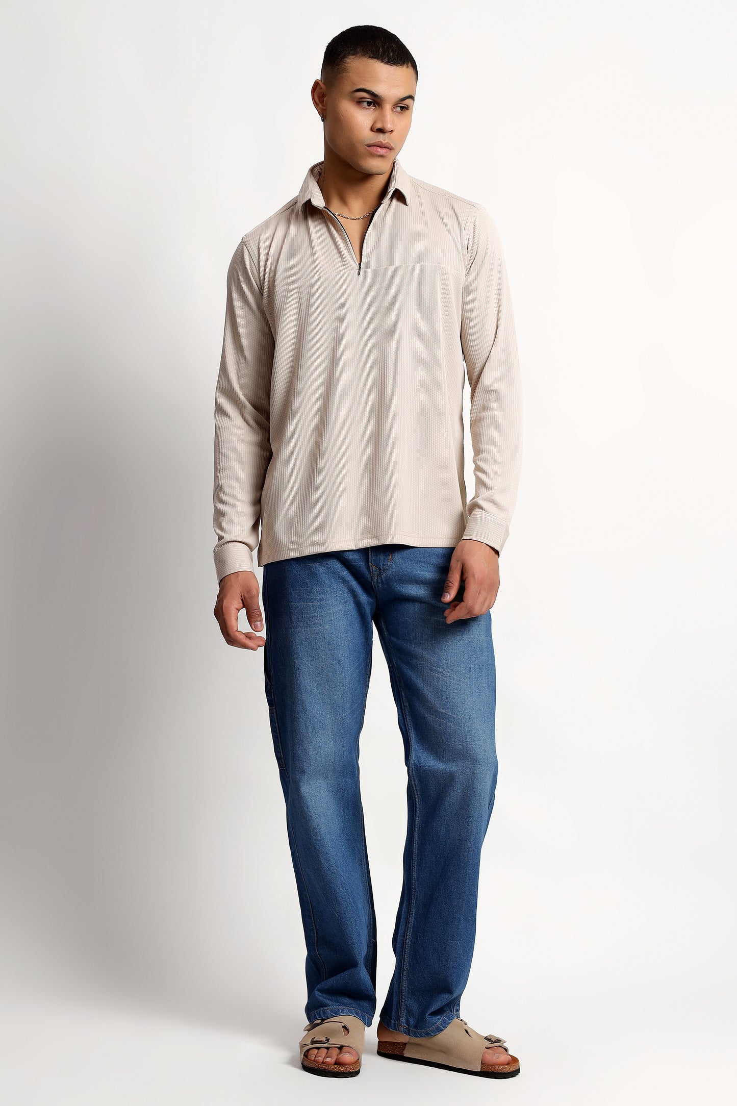 Regular Fit Half Zipper Light Beige Shirt