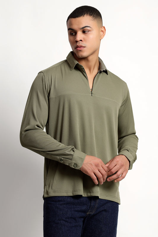 Regular Fit Half Zipper Olive Green Shirt