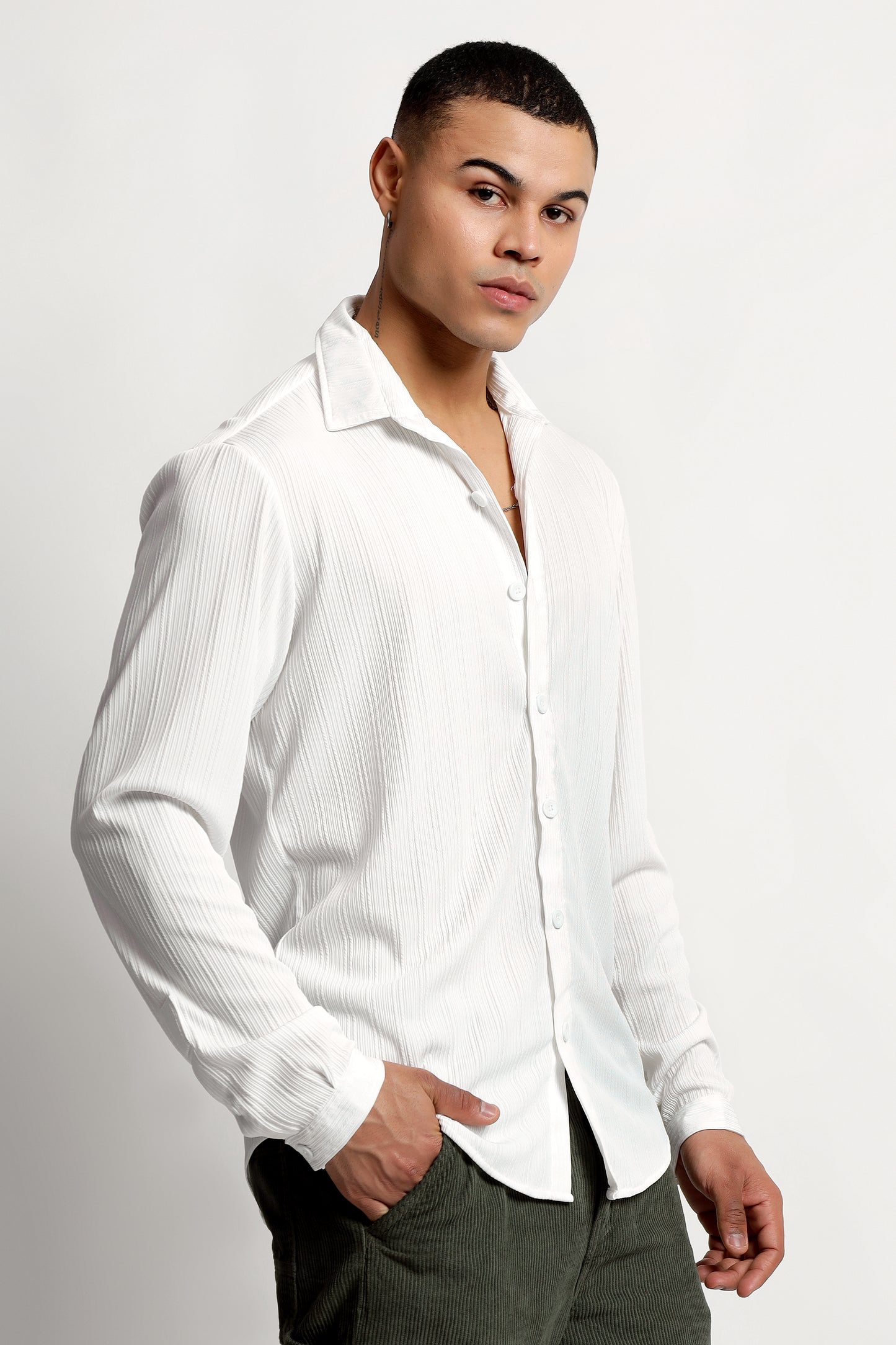 A Textured Vertical Stripes White Shirt