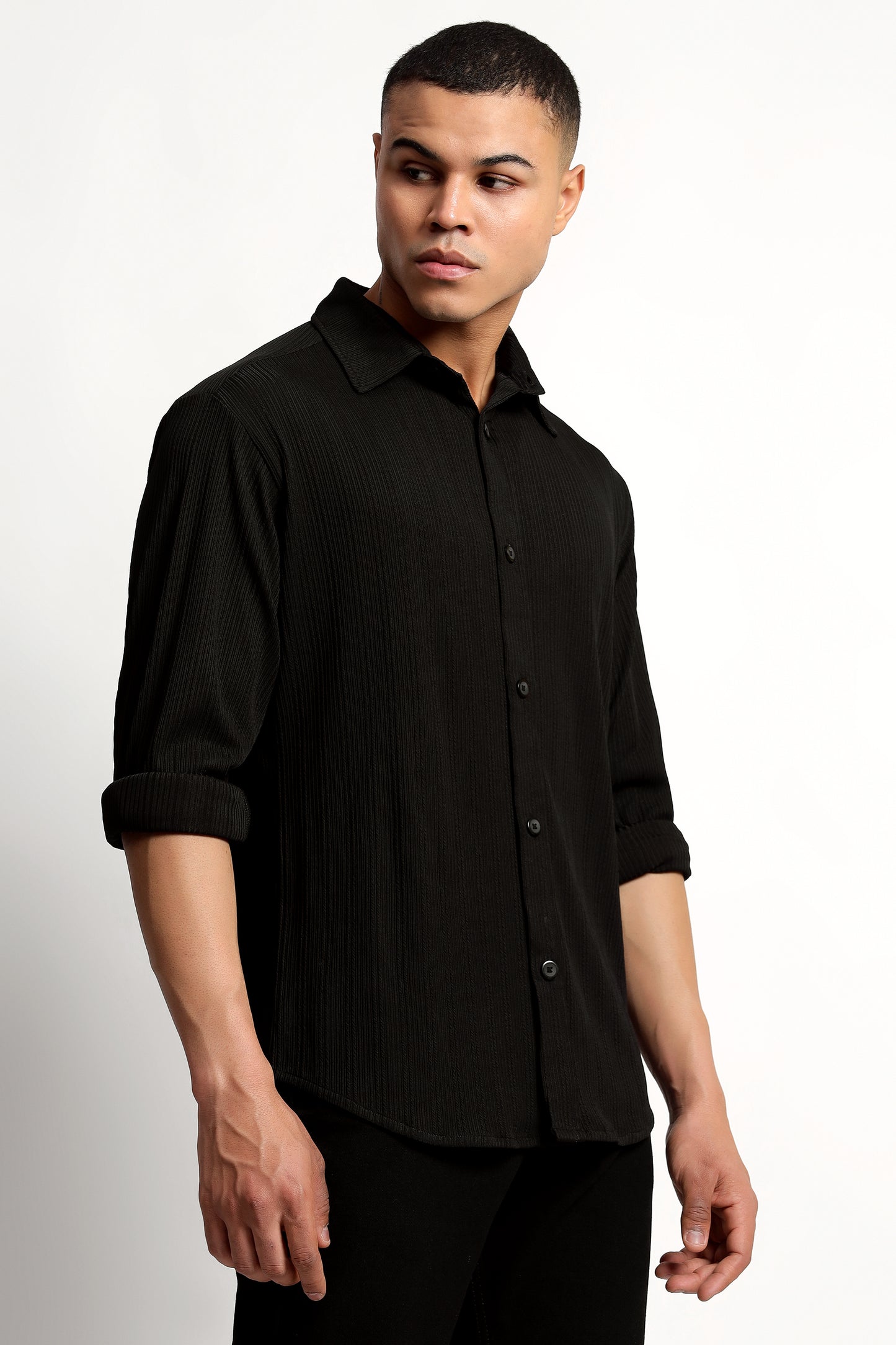 A Textured Vertical Stripes Black Shirt