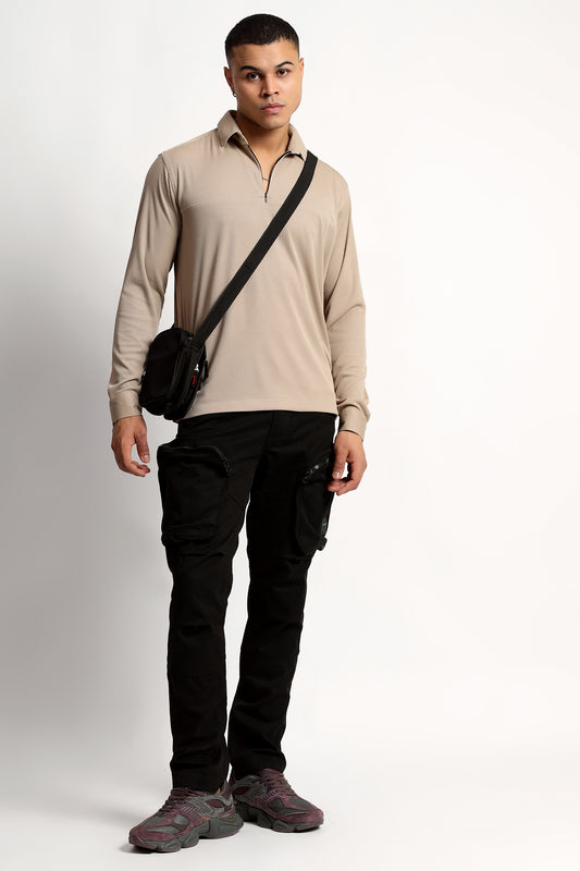 Regular Fit Half Zipper Beige Shirt