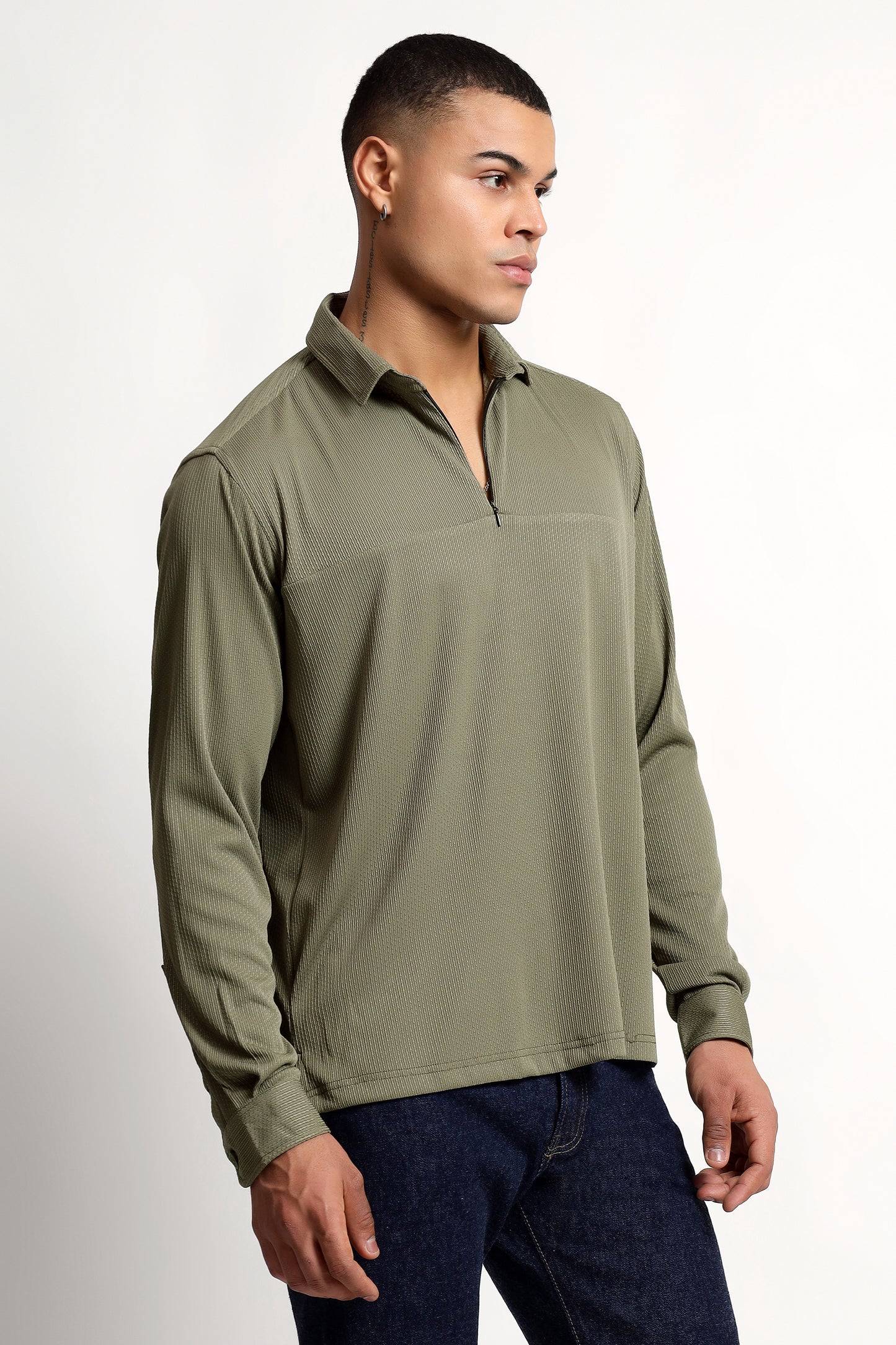 Regular Fit Half Zipper Olive Green Shirt
