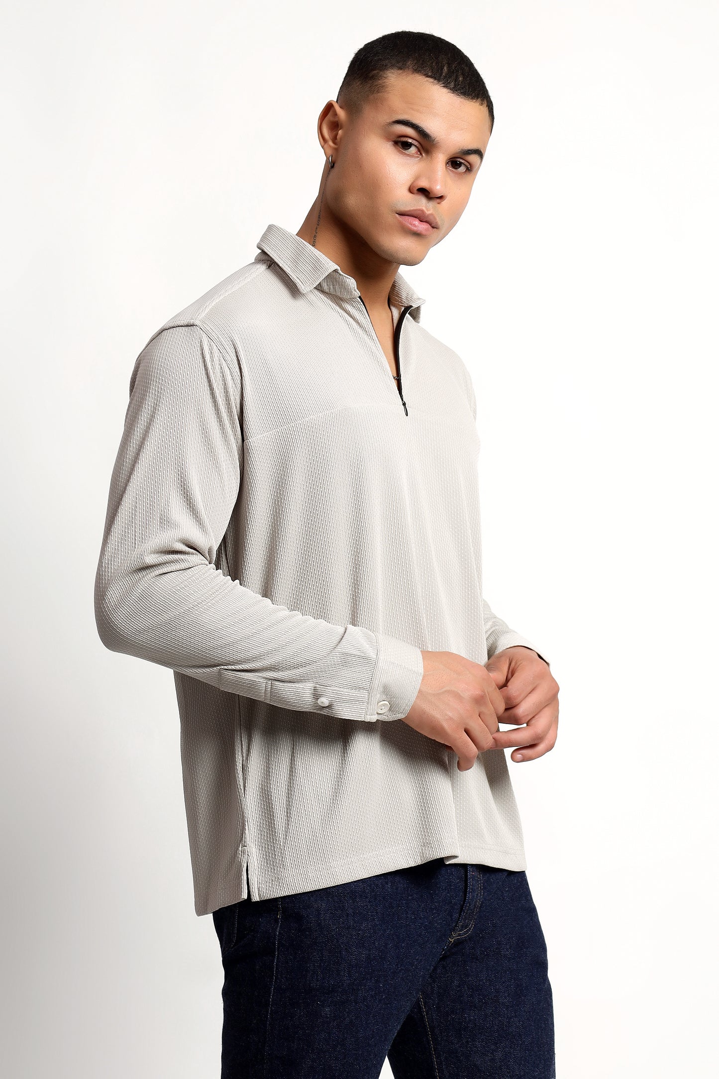Regular Fit Half Zipper Light Grey Shirt