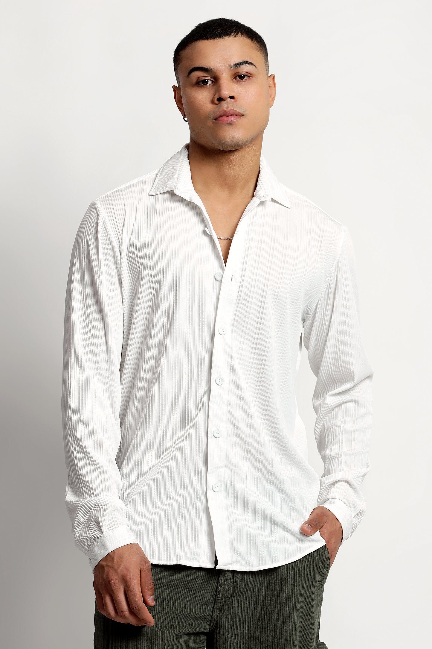 A Textured Vertical Stripes White Shirt