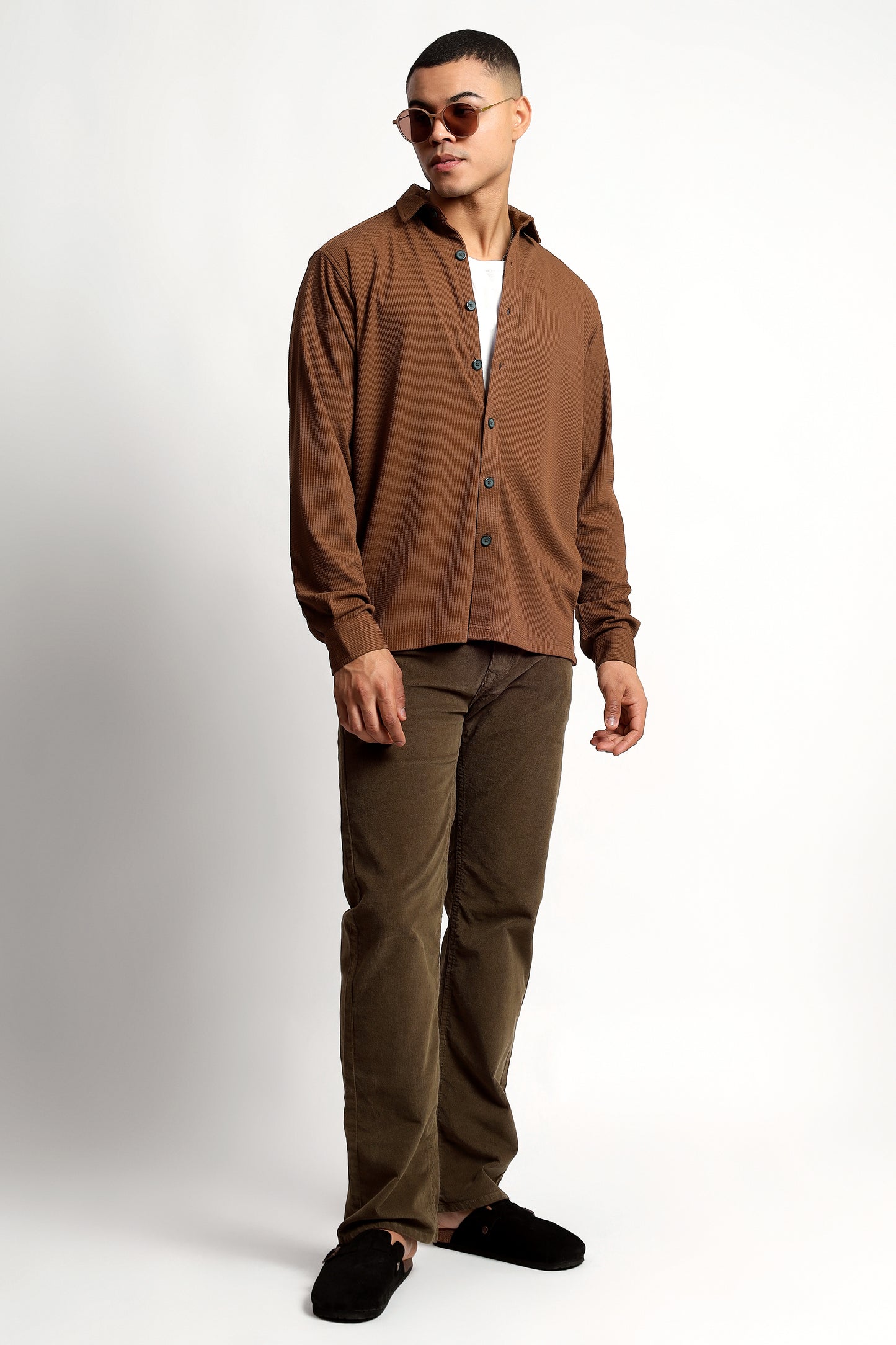 Regular fit Poly Cotton Brown Shirt