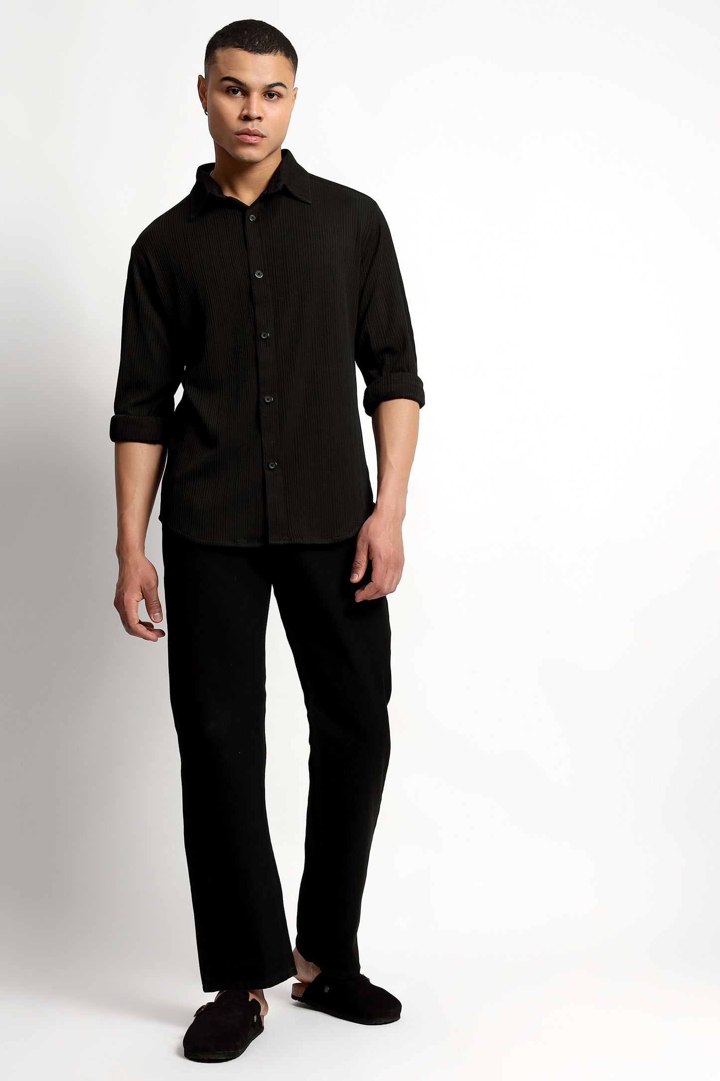 A Textured Vertical Stripes Black Shirt