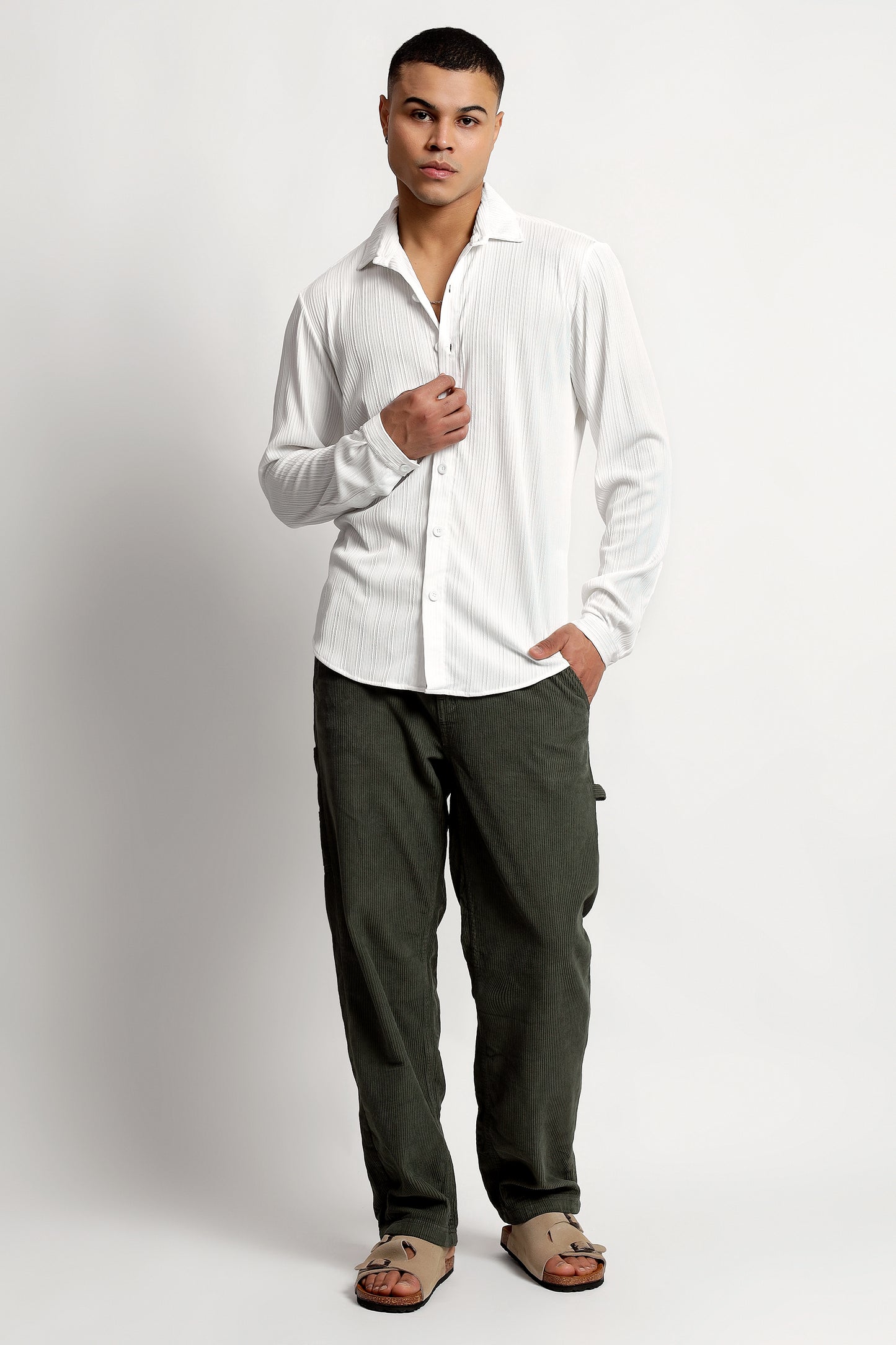 A Textured Vertical Stripes White Shirt