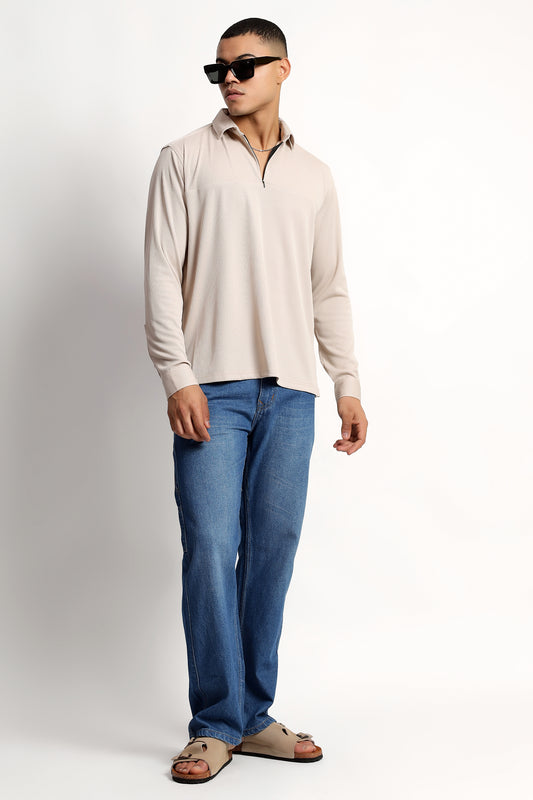 Regular Fit Half Zipper Light Beige Shirt