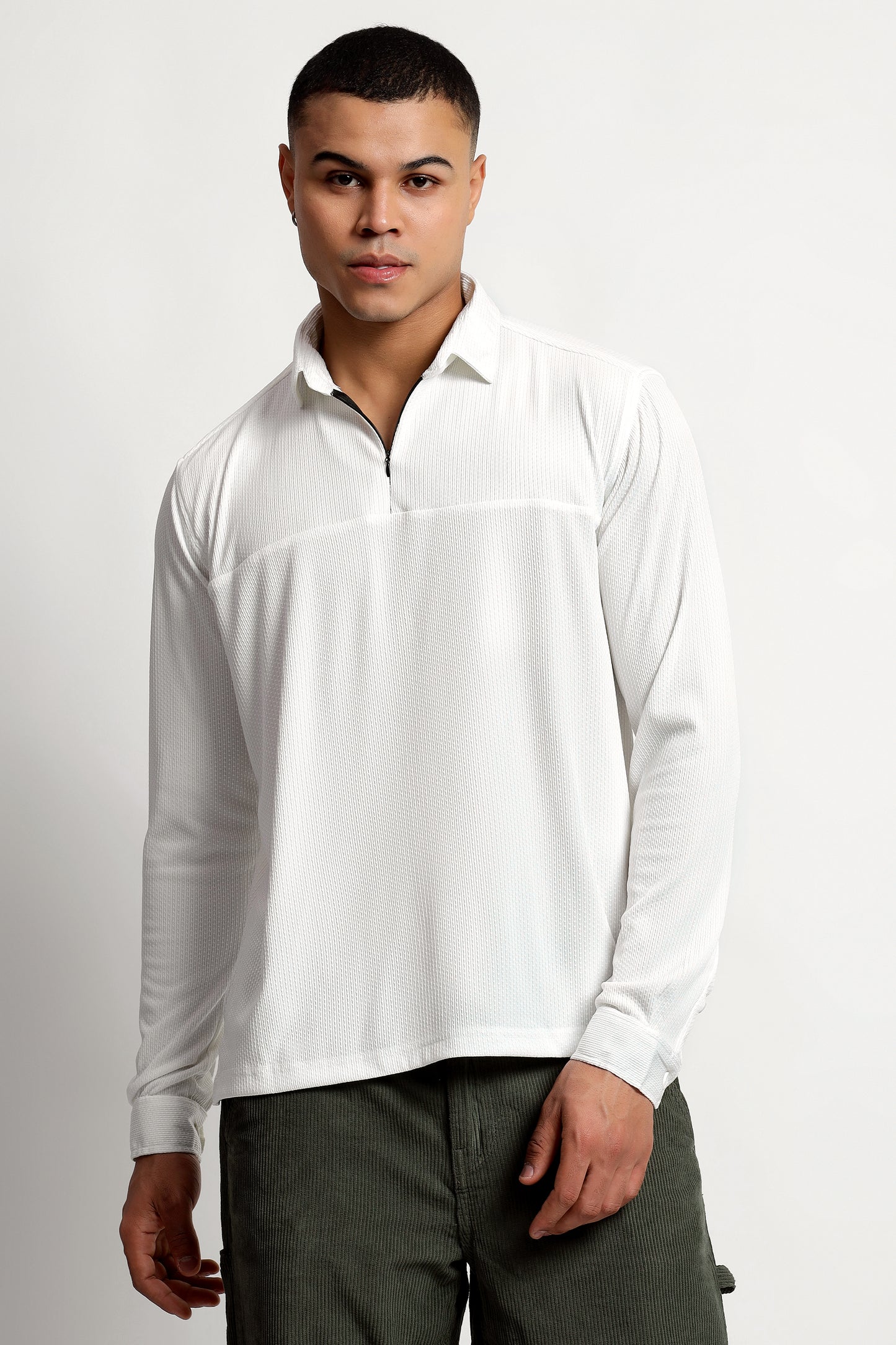 Regular Fit Half Zipper White Shirt