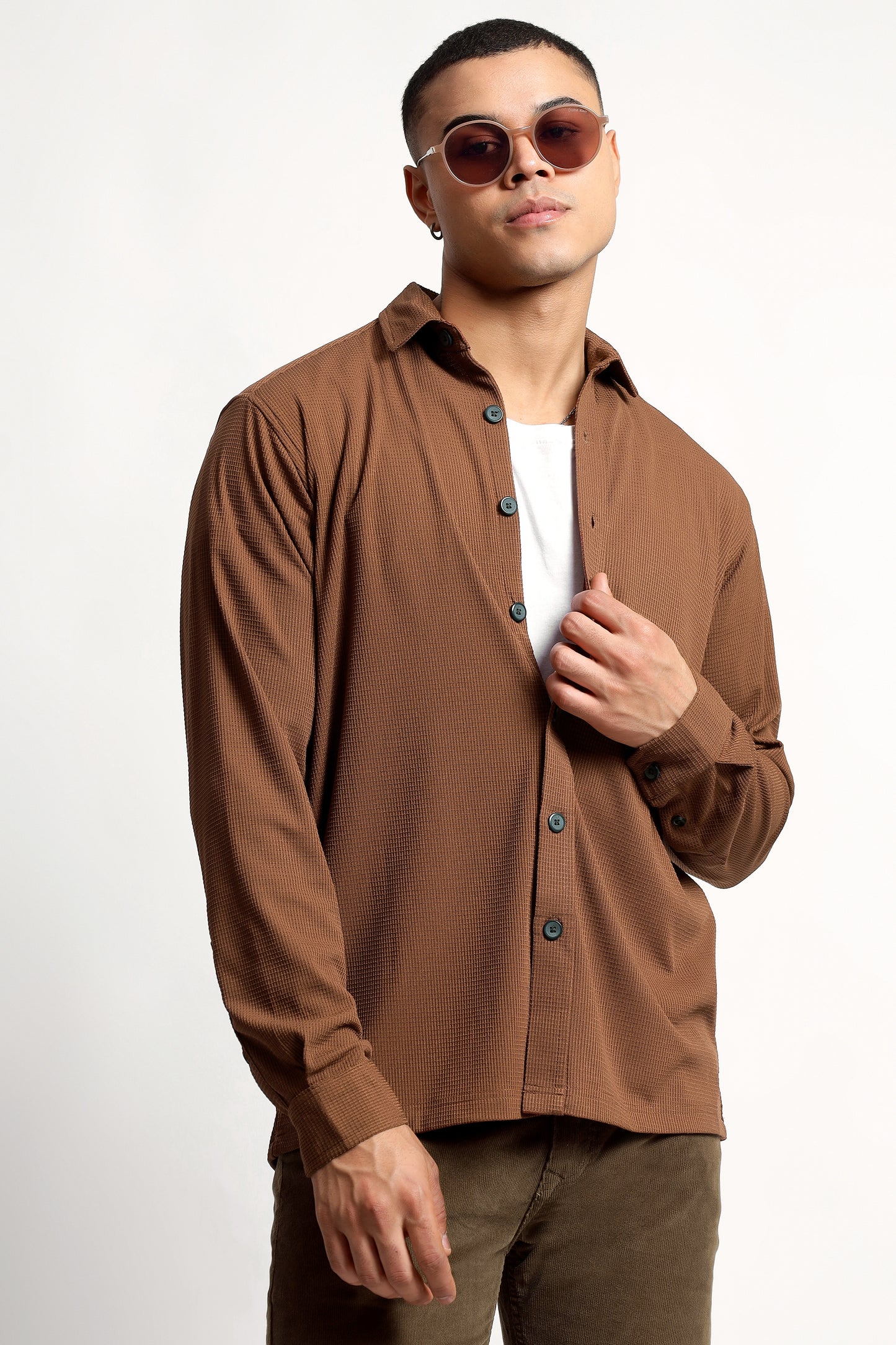 Regular fit Poly Cotton Brown Shirt