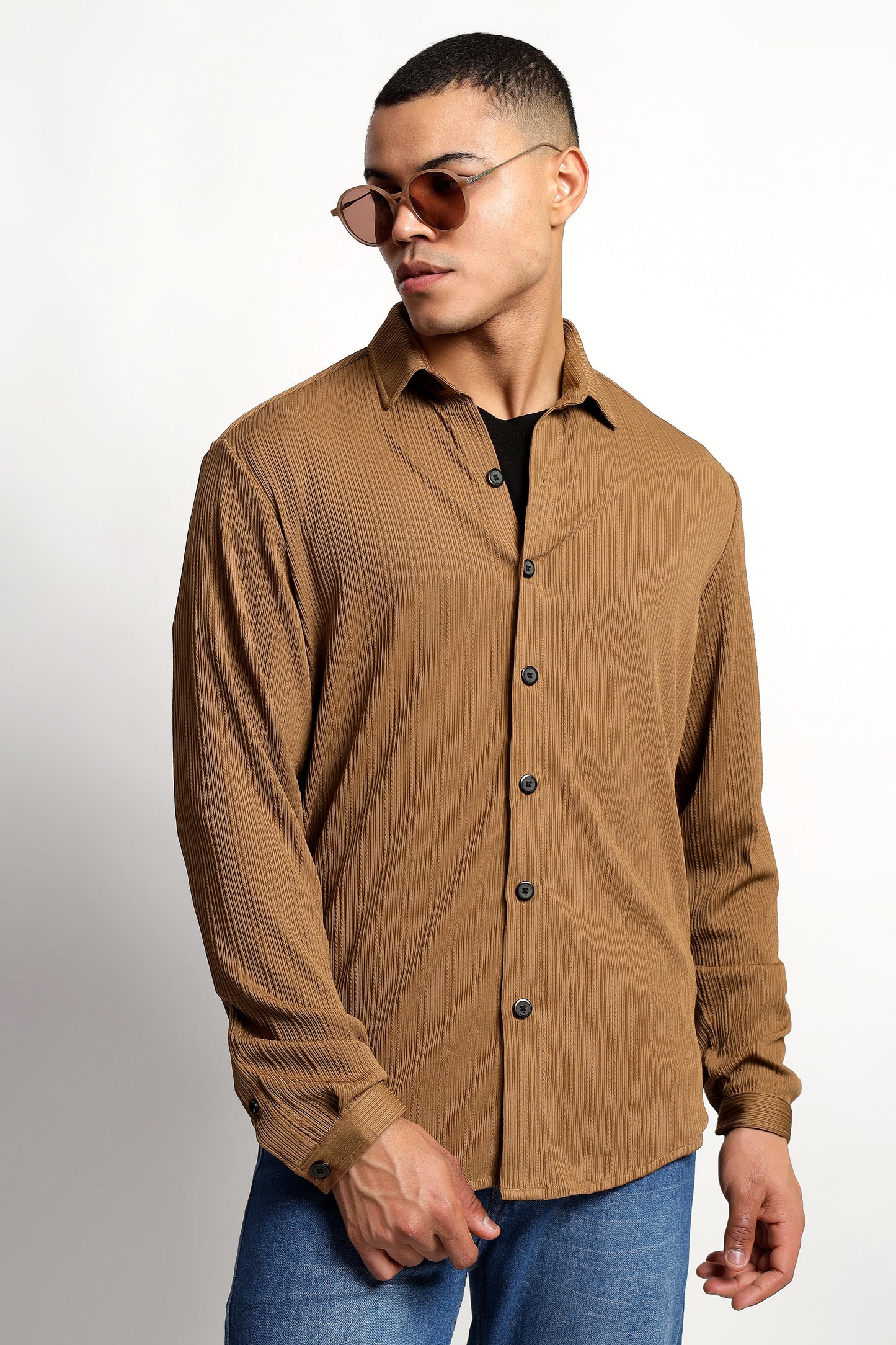 A Textured Vertical Stripes Bronze Shirt