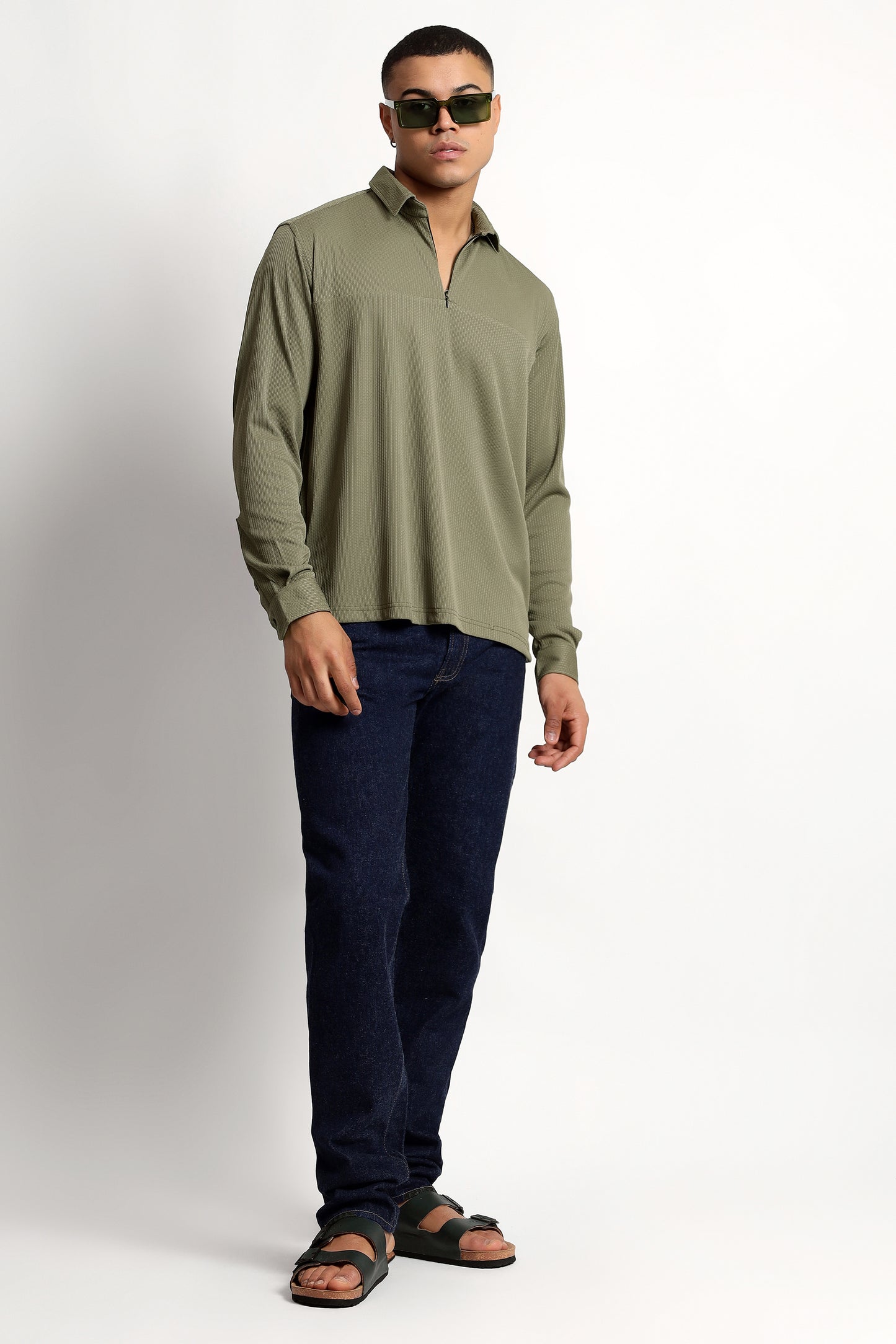 Regular Fit Half Zipper Olive Green Shirt