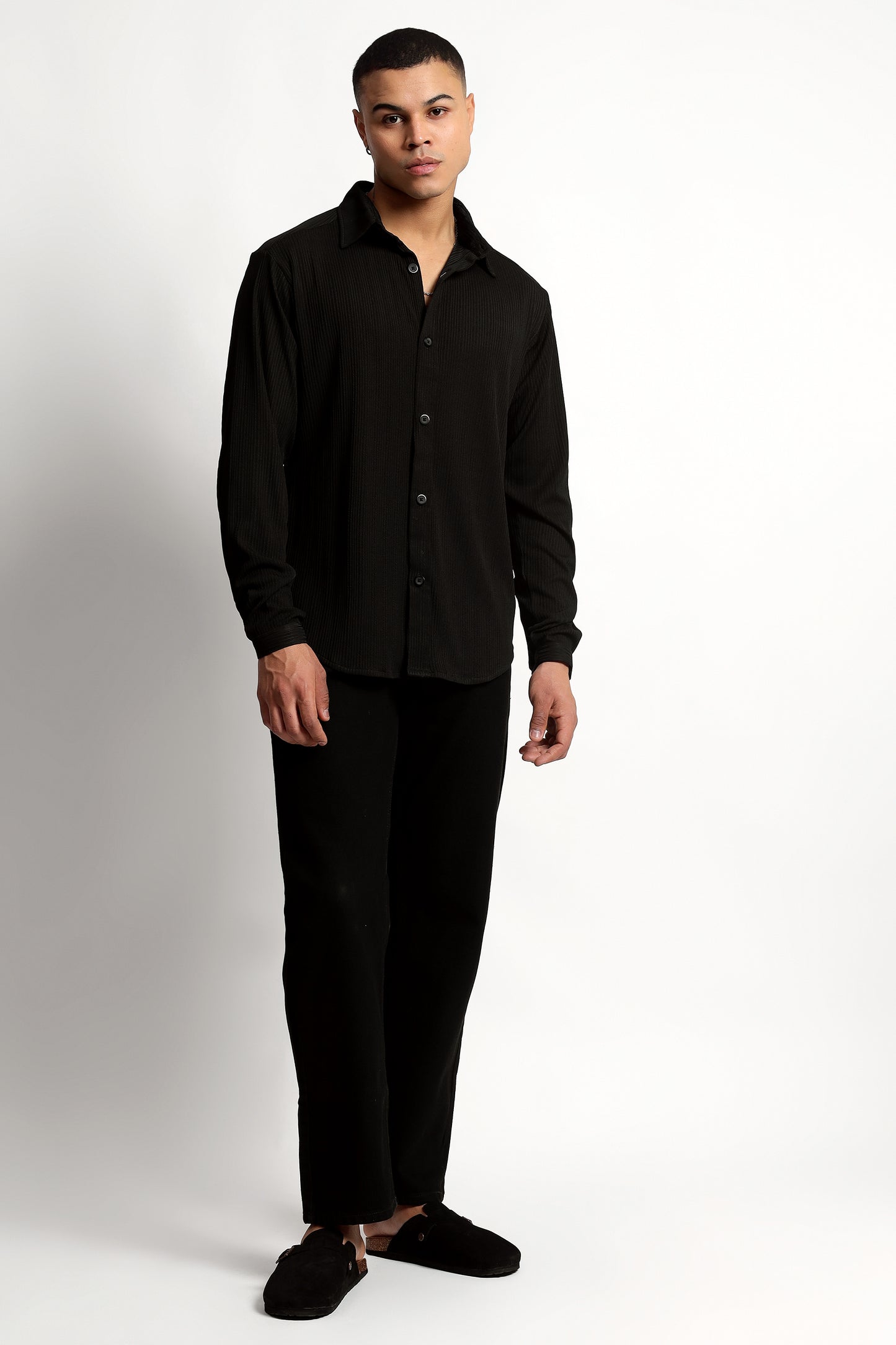 A Textured Vertical Stripes Black Shirt