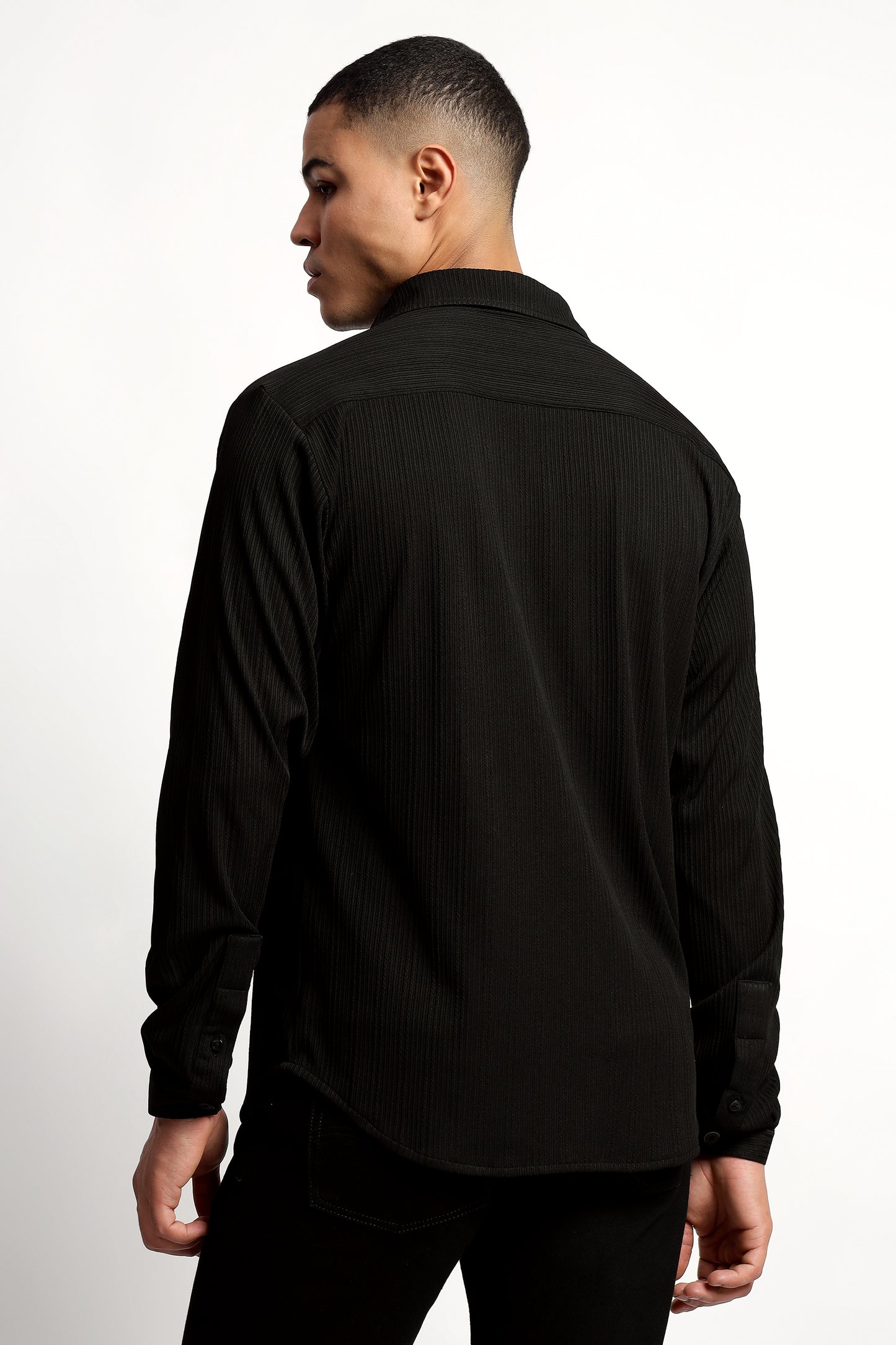 A Textured Vertical Stripes Black Shirt