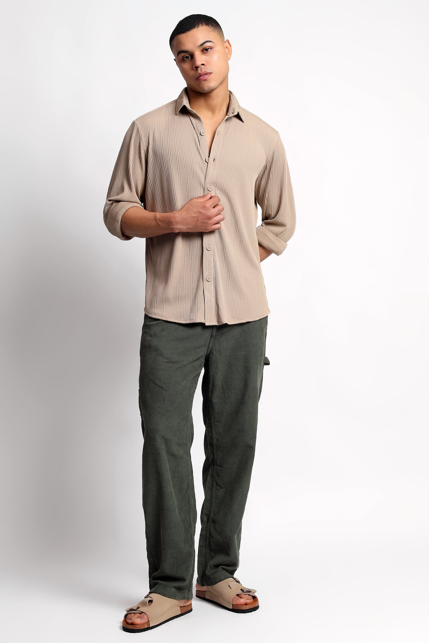 A Textured Vertical Stripes Beige Shirt