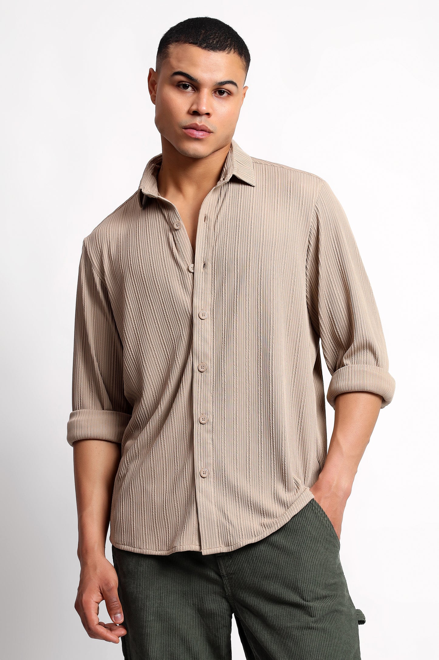 A Textured Vertical Stripes Beige Shirt