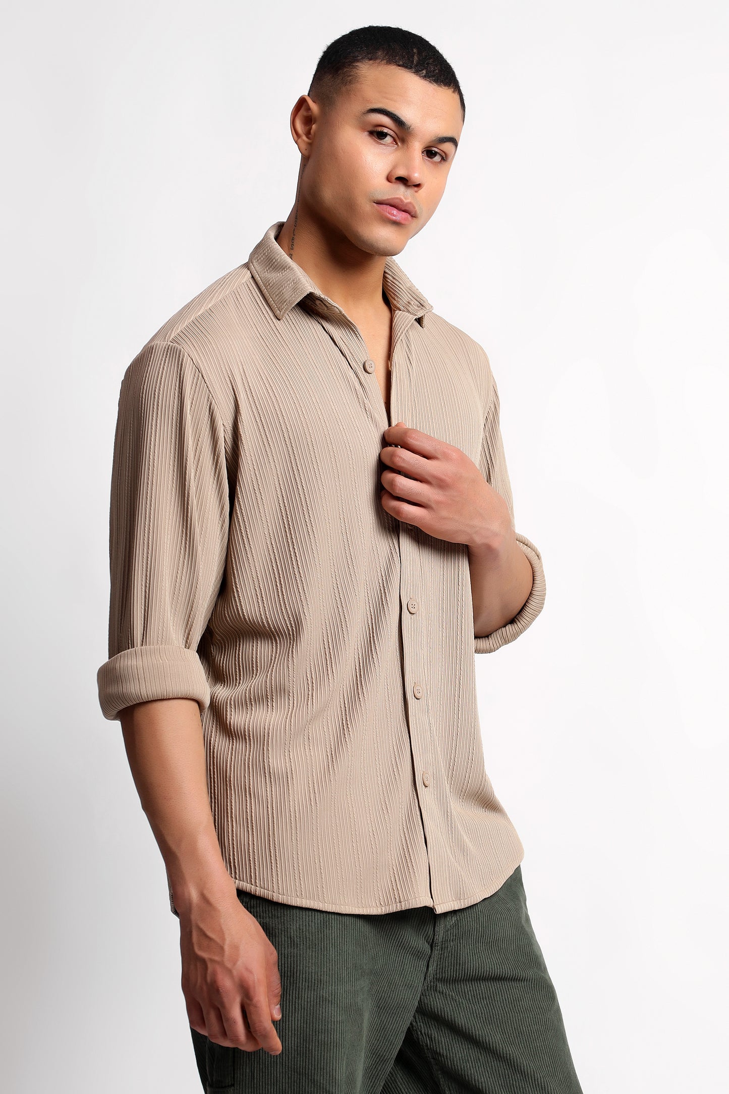 A Textured Vertical Stripes Beige Shirt