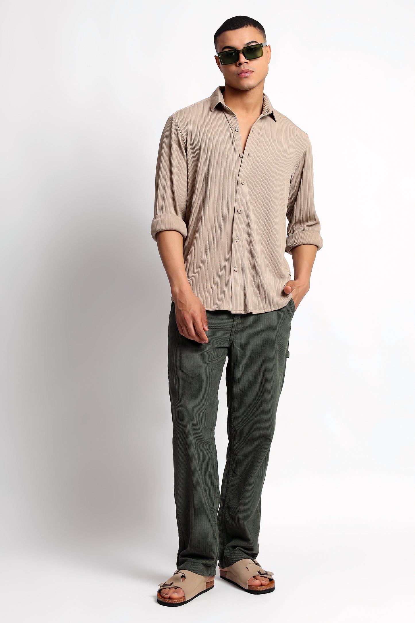 A Textured Vertical Stripes Beige Shirt