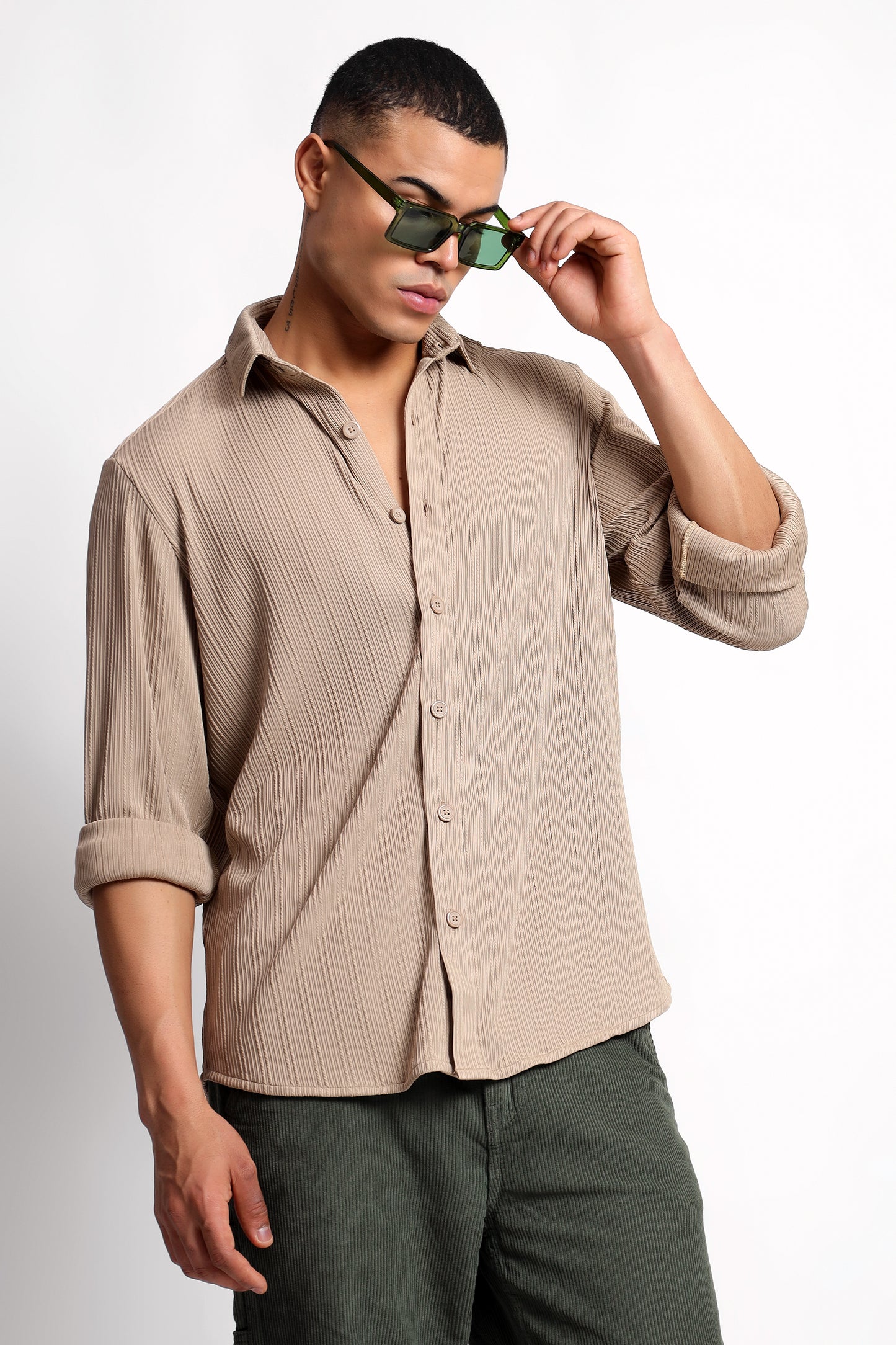 A Textured Vertical Stripes Beige Shirt