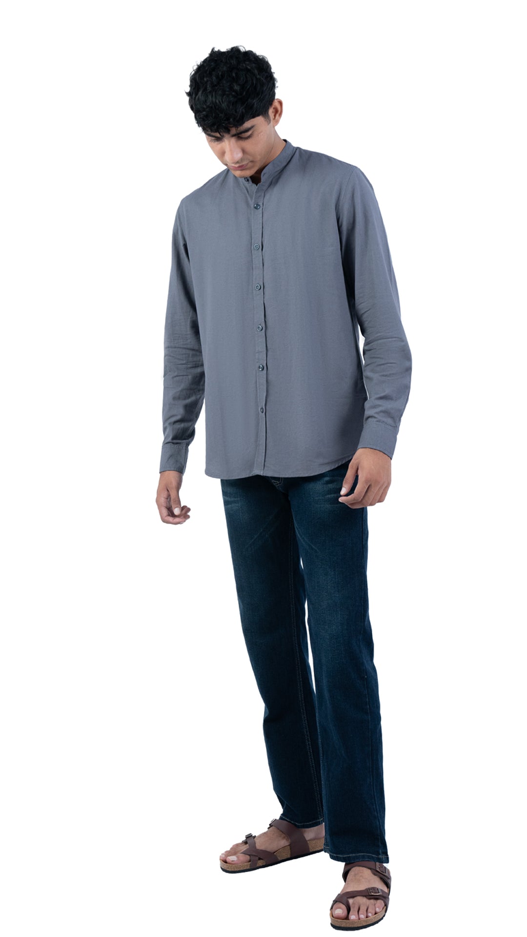Men's Casual Solid Mandarin collar Dark Grey Shirt