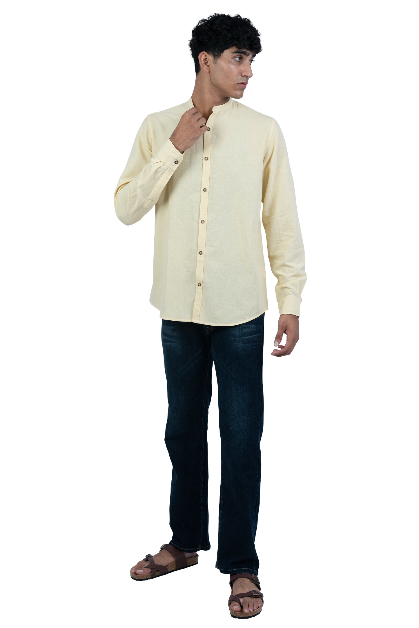 Men's Casual Solid Mandarin collar Yellow Shirt