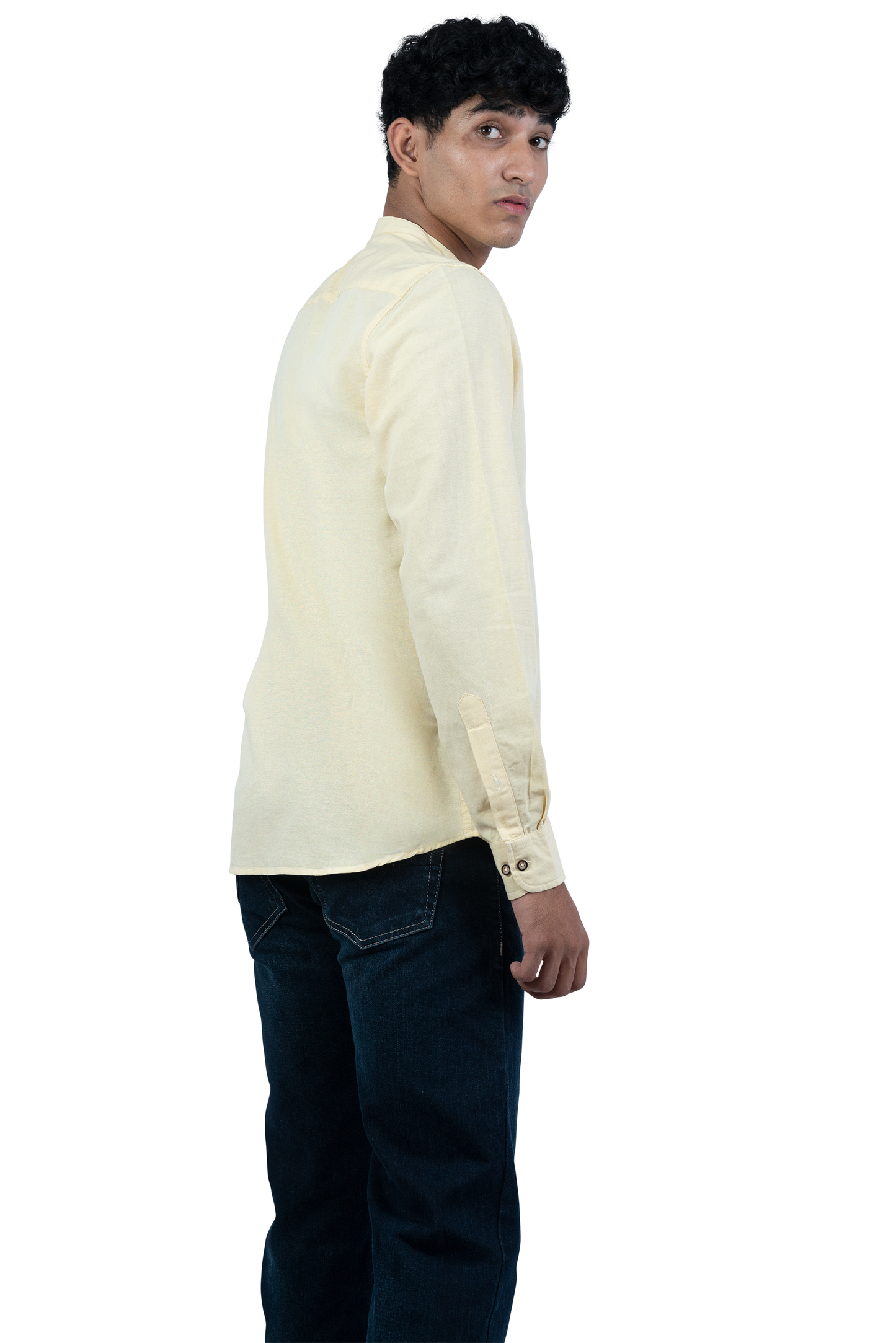 Men's Casual Solid Mandarin collar Yellow Shirt