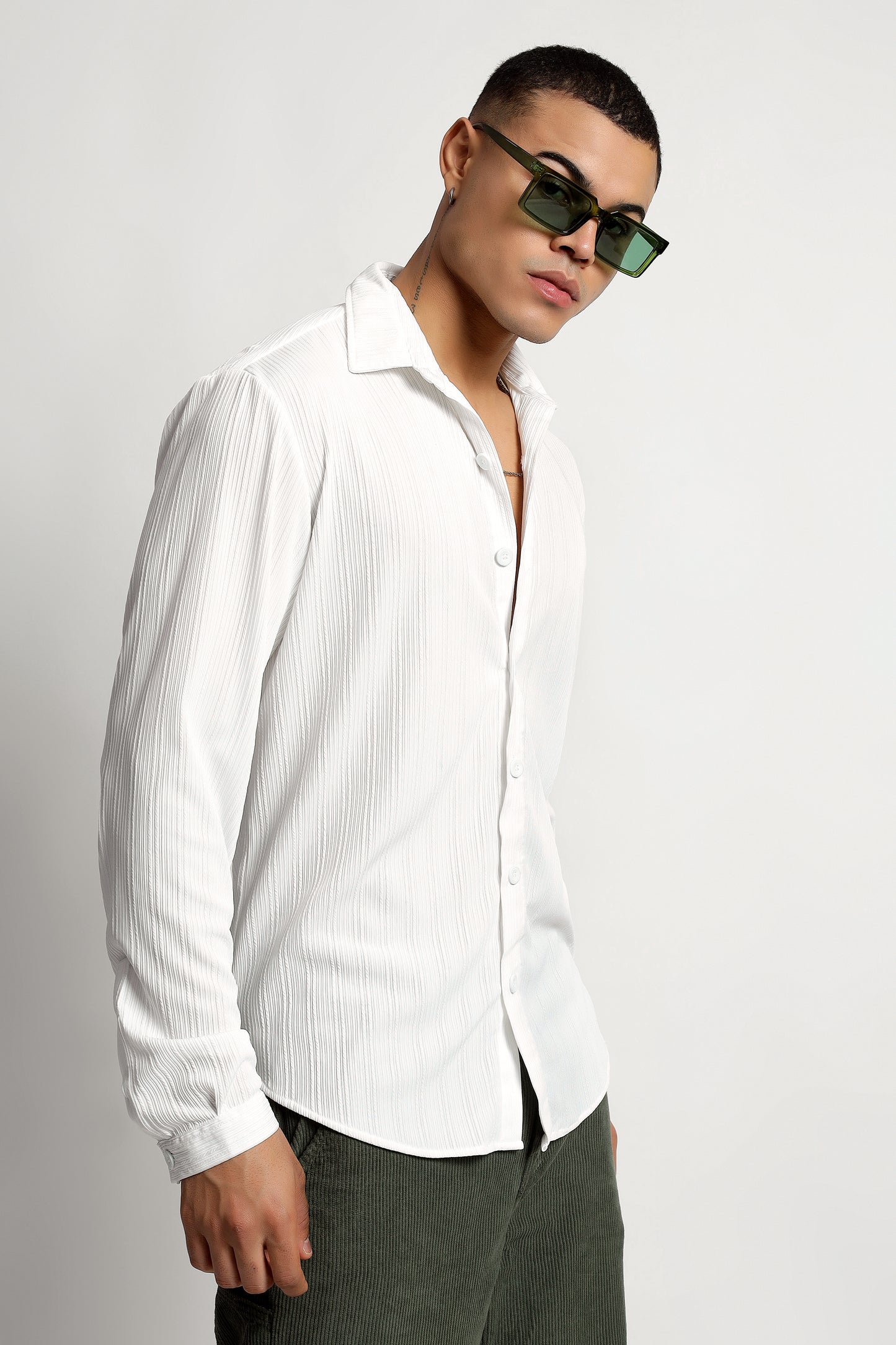A Textured Vertical Stripes White Shirt