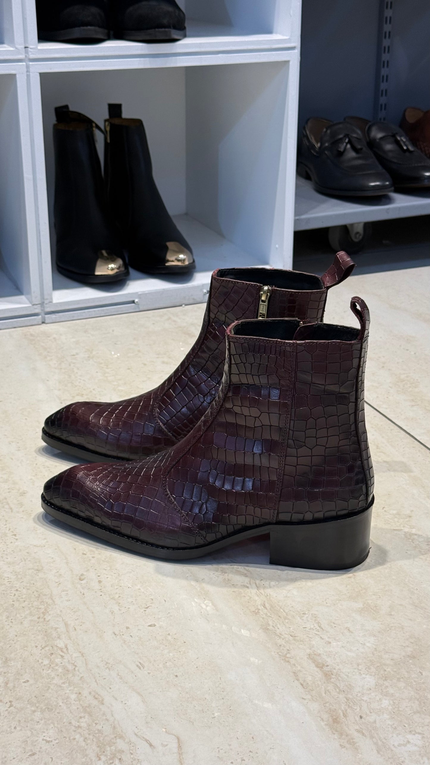 Cuban Heel Croco leather Burgundy Chelsea Boot