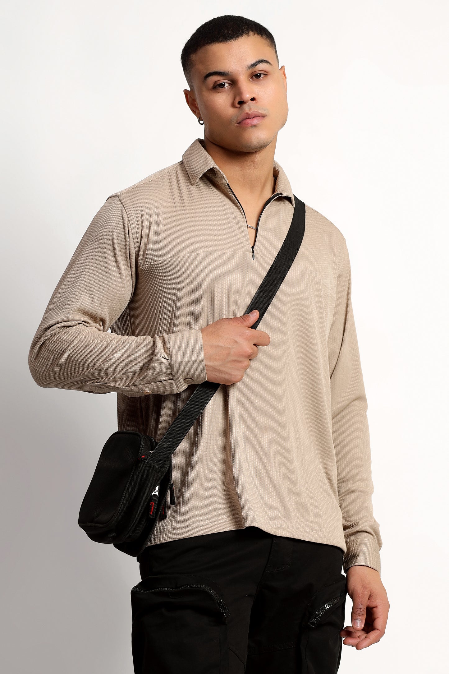 Regular Fit Half Zipper Beige Shirt