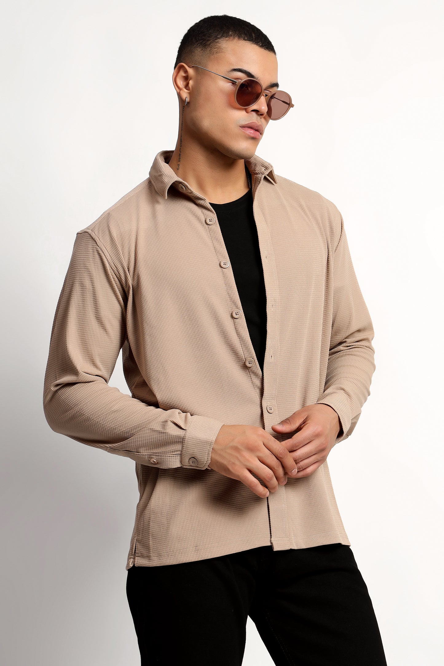 Regular fit Poly Cotton Beige Shirt