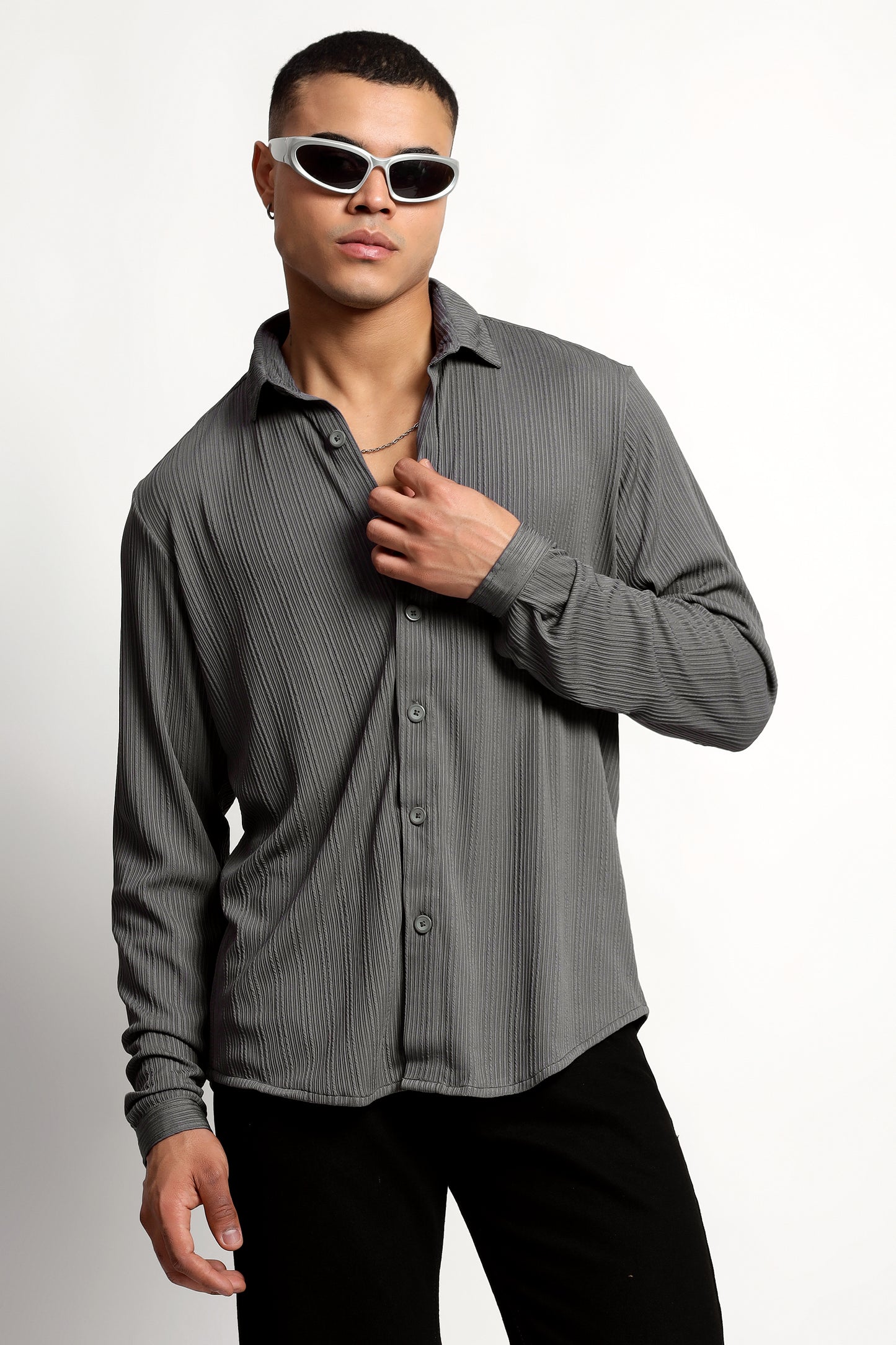 A Textured Vertical Stripes Grey Shirt