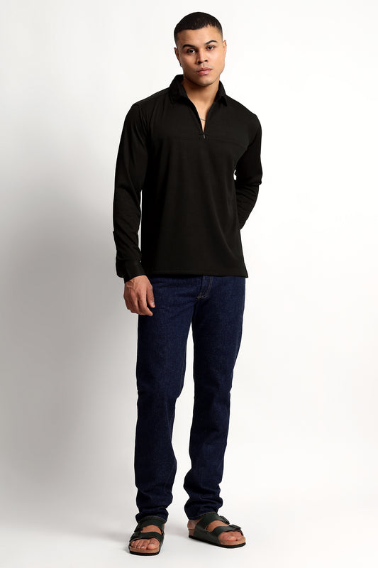 Regular Fit Half Zipper Black Shirt