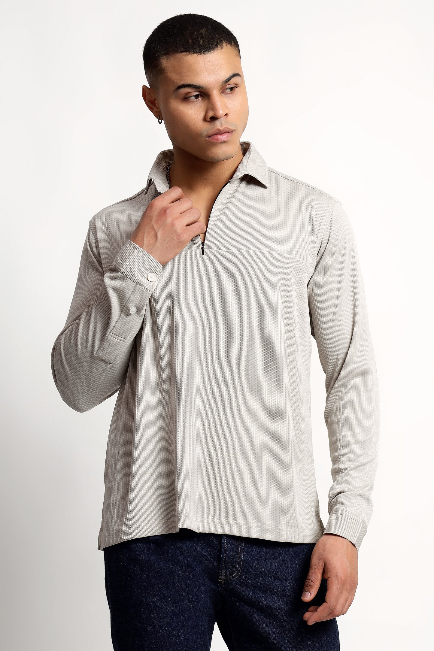 Regular Fit Half Zipper Light Grey Shirt