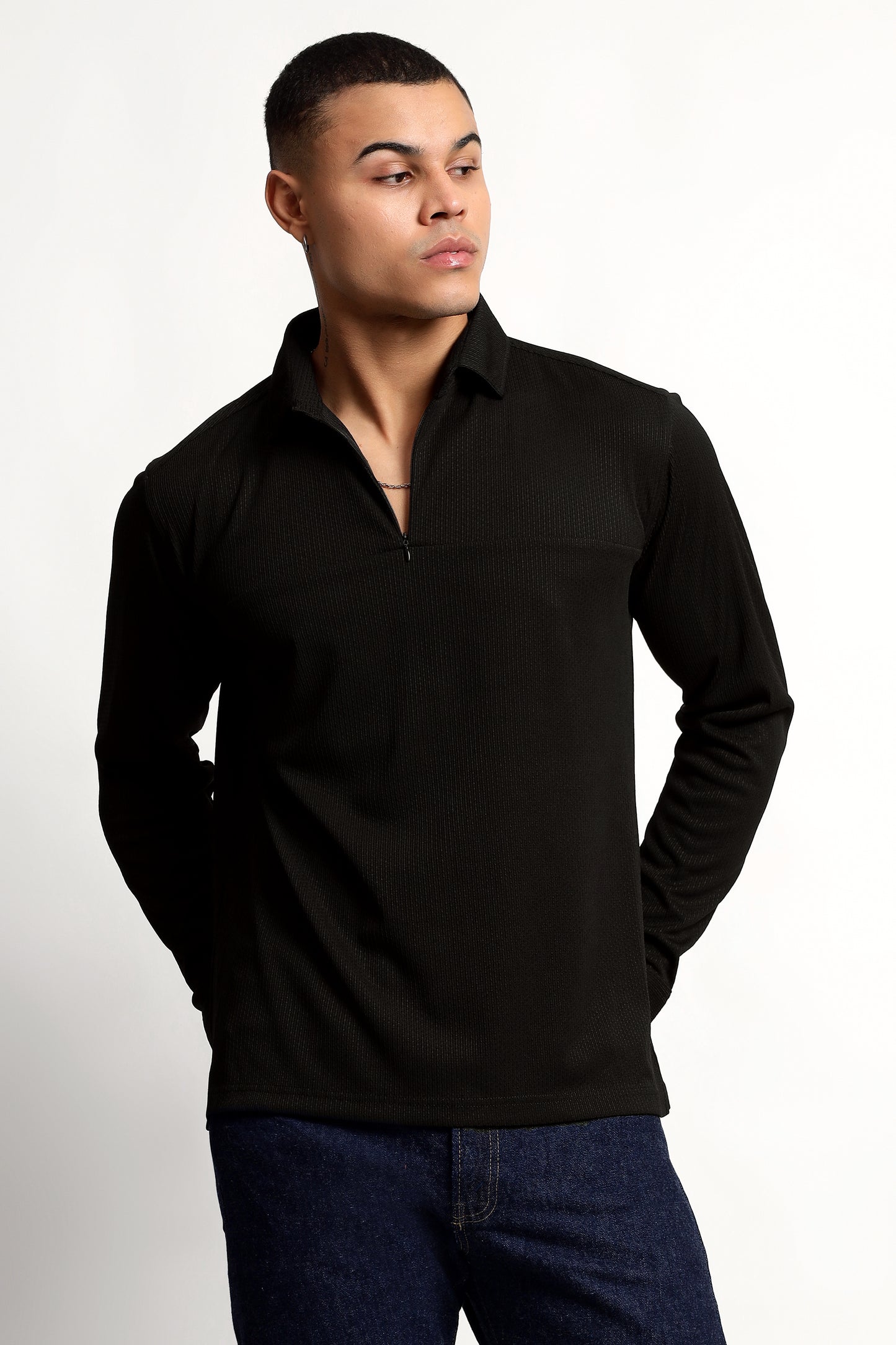 Regular Fit Half Zipper Black Shirt