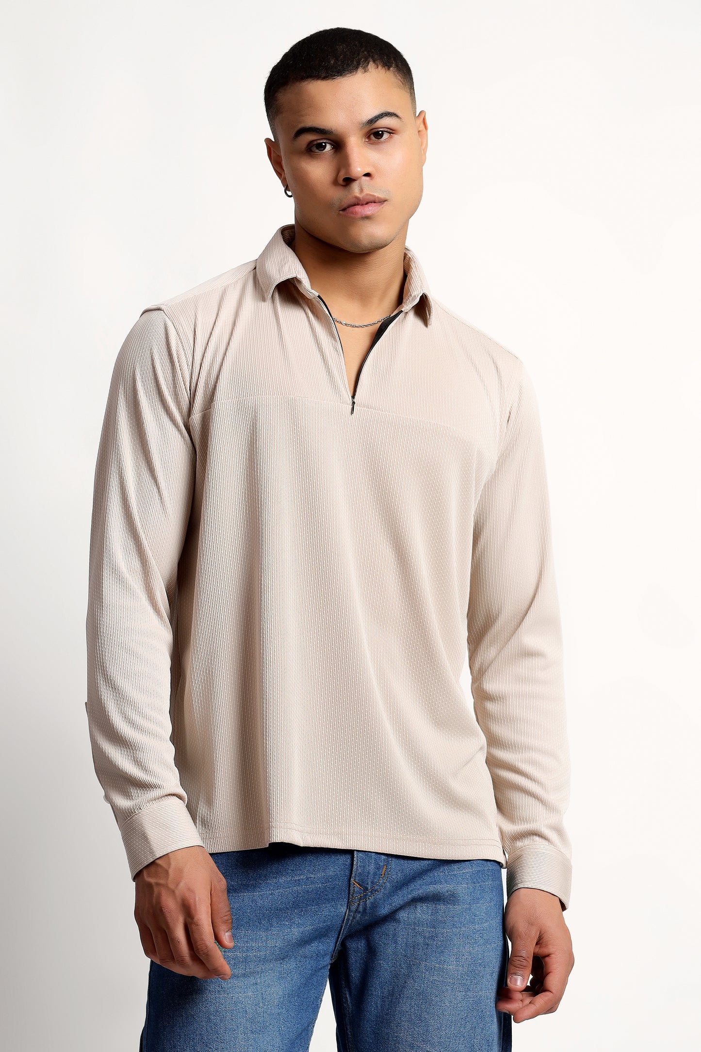 Regular Fit Half Zipper Light Beige Shirt