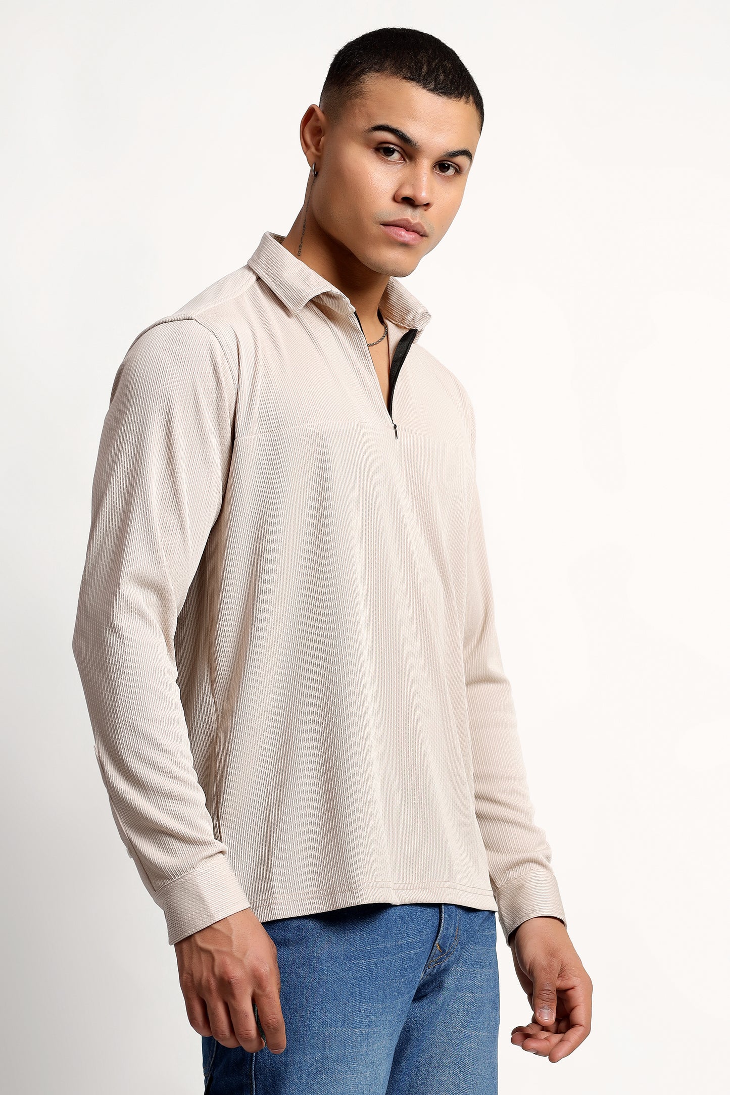 Regular Fit Half Zipper Light Beige Shirt