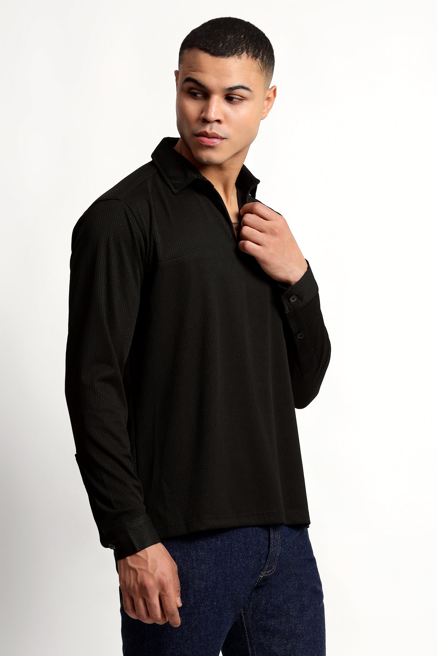 Regular Fit Half Zipper Black Shirt