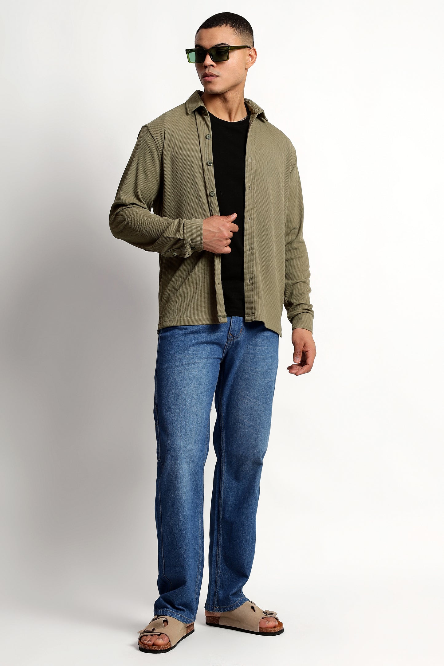 Regular fit Poly Cotton Olive Green Shirt