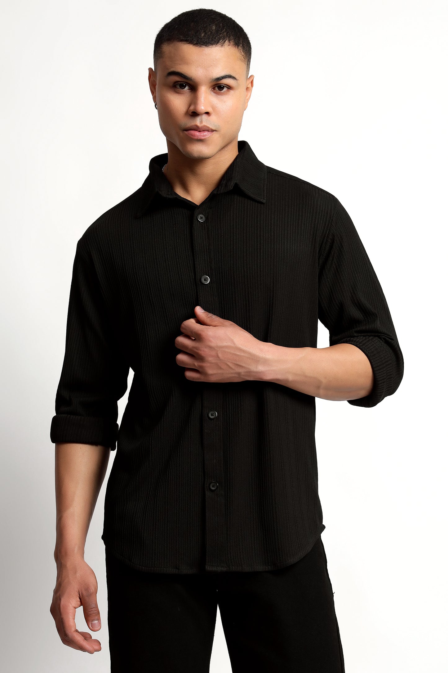 A Textured Vertical Stripes Black Shirt