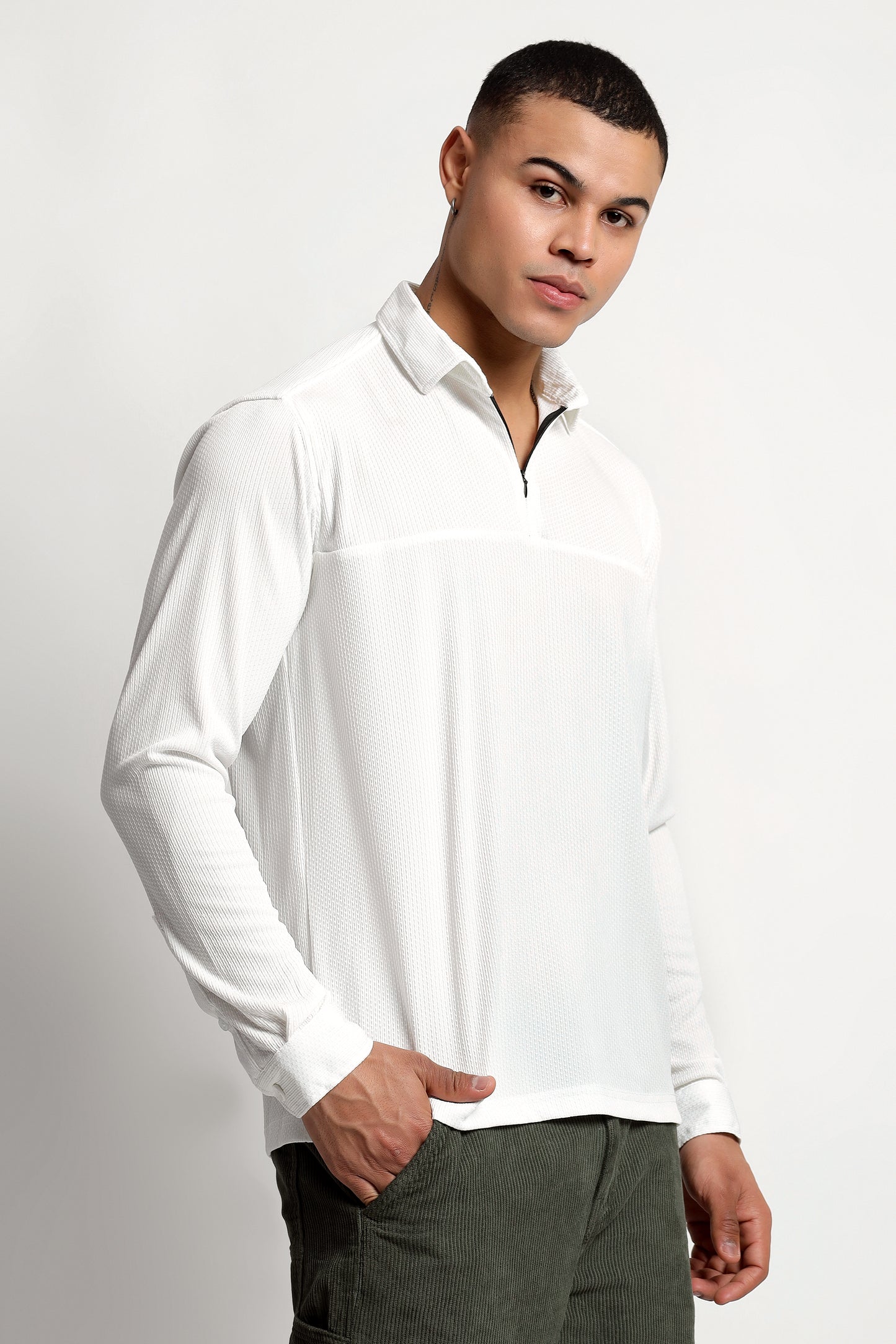 Regular Fit Half Zipper White Shirt