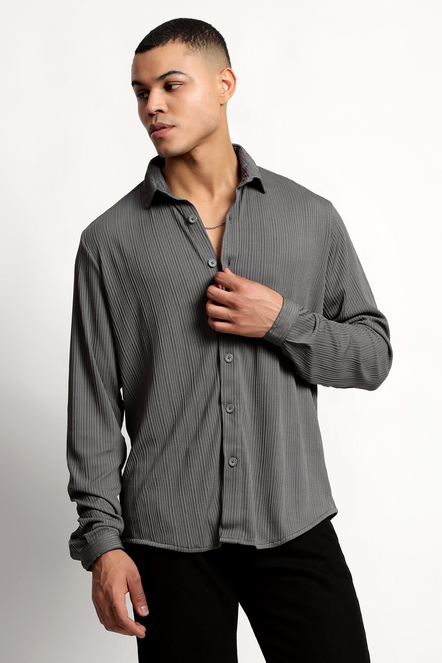 A Textured Vertical Stripes Grey Shirt